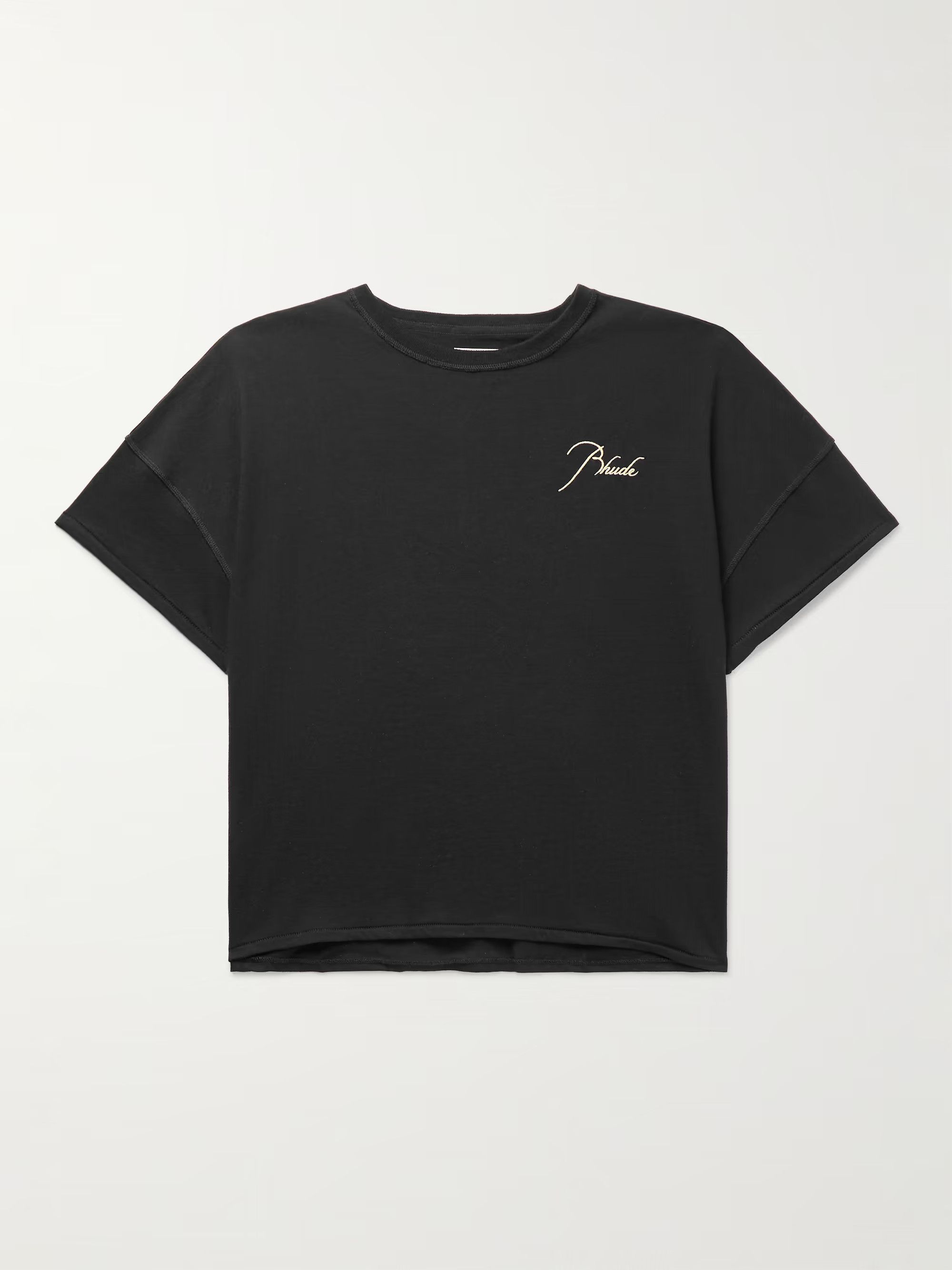 image of Rhude Logo-Embroidered Cotton-Jersey T-Shirt in Black, Men's (Size XL)