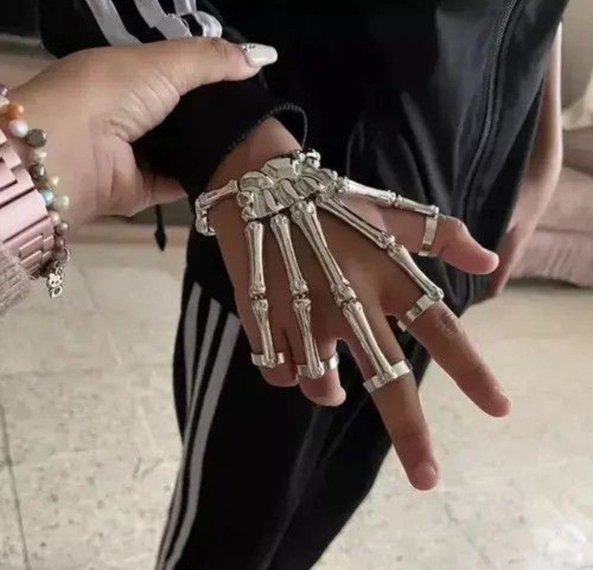Jewelry × Vintage Skeleton Ring Hand Bracelet Bones Goth Human Jewelry Chrome Size ONE SIZE - 3 Thumbnail