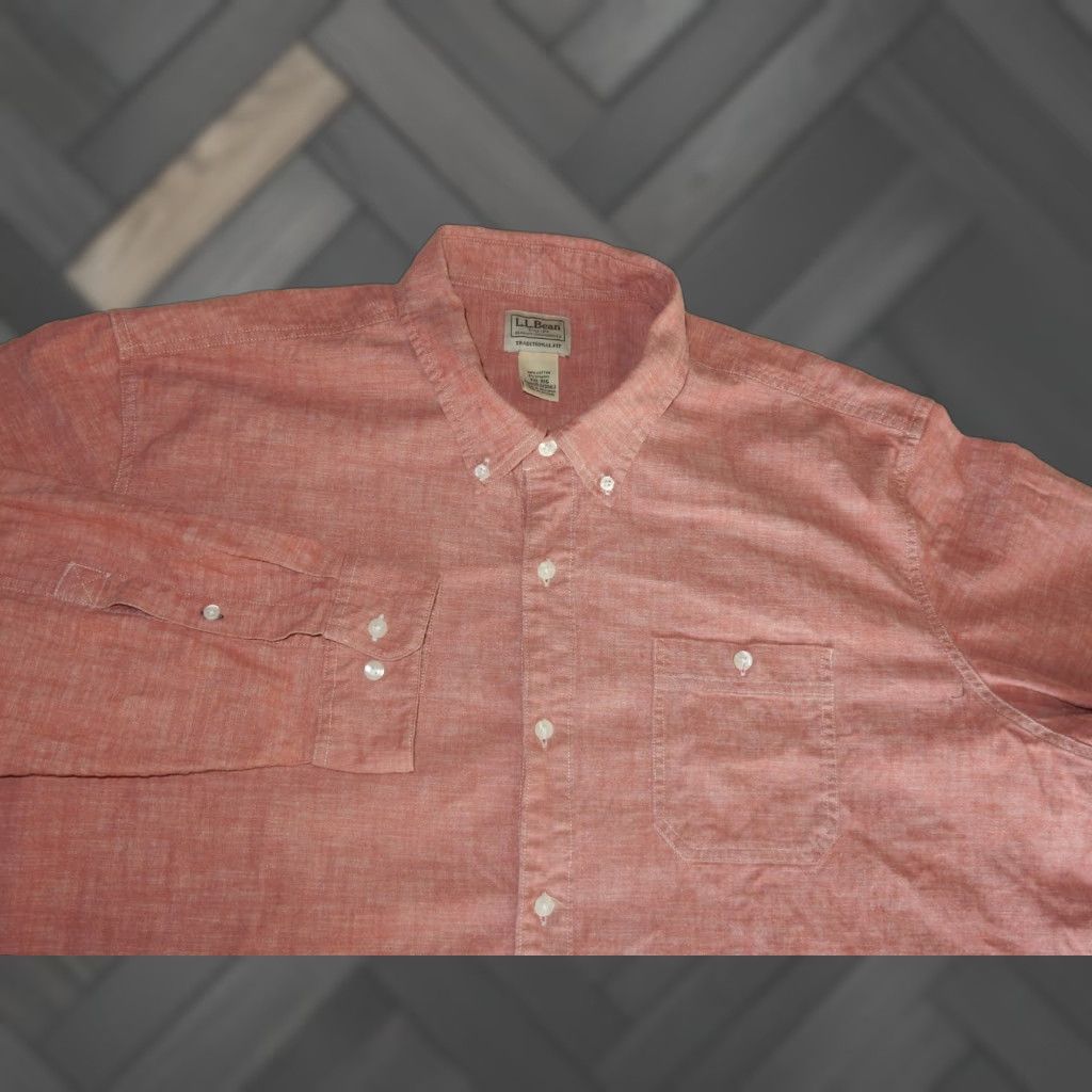 Vintage L.L. Bean Men's Button-Up Shirt XXL Pink Chambray Long Sleeve Size US XXL / EU 58 / 5 - 1 Thumbnail