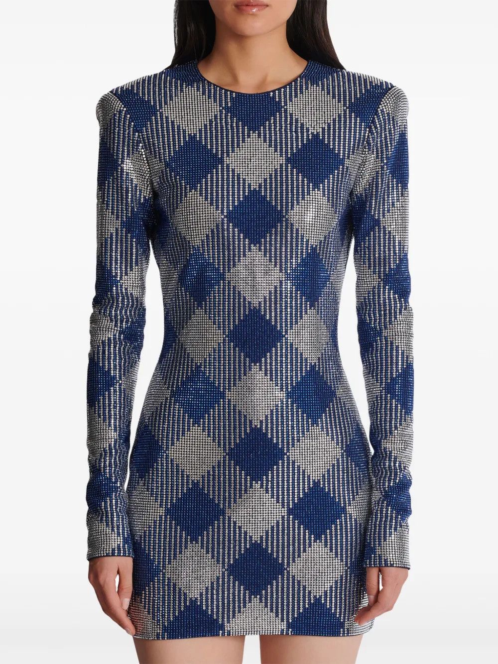 Balmain o1s1wg111225 Gigham Rhinestone Mini Dress in Navy Blue Size XL / US 12-14 / IT 48-50 - 7 Thumbnail