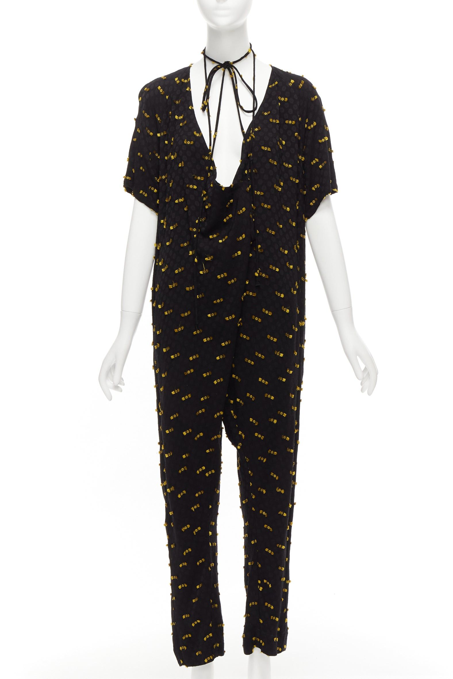 Rachel Comey RACHEL COMEY black yellow frayed edge detail tie neck relaxed jumpsuit US0 XS Size 26" / US 2 / IT 38 - 1 Thumbnail