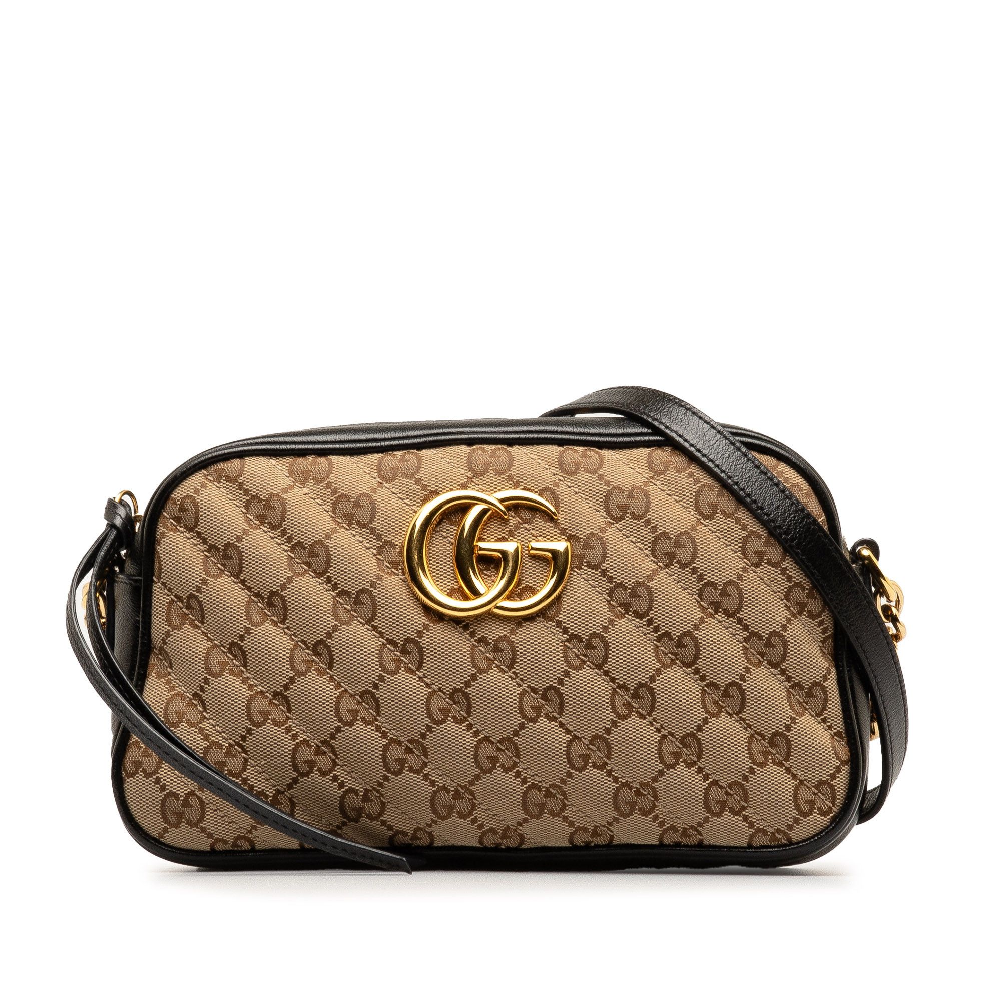 image of Gucci Small GG Canvas Marmont Matelasse Camera Bag in Brown, Women's