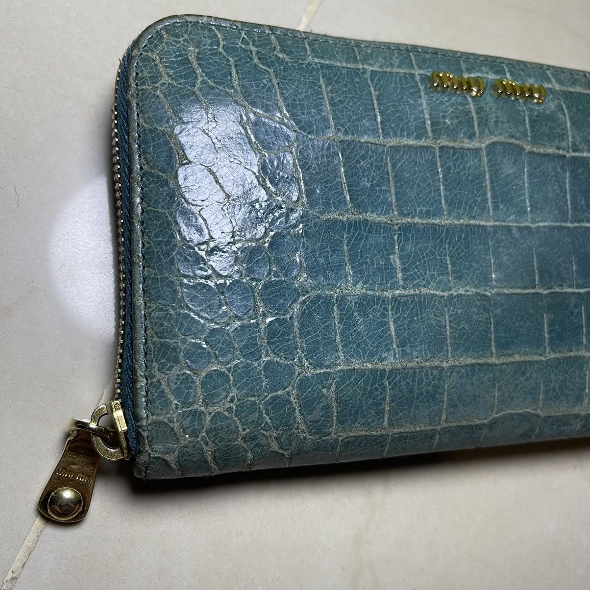 Miu Miu Miu Miu Blue Croc Embossed Leather Zip Around Wallet Size ONE SIZE - 5 Thumbnail