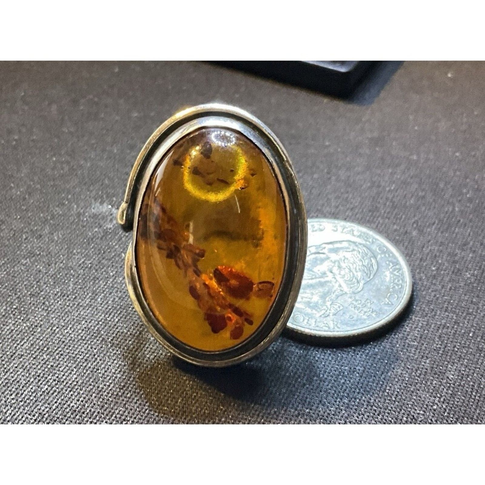 Other Size 8 Tested 925 Silver Ring With Large Amber Stone Size ONE SIZE - 1 Thumbnail