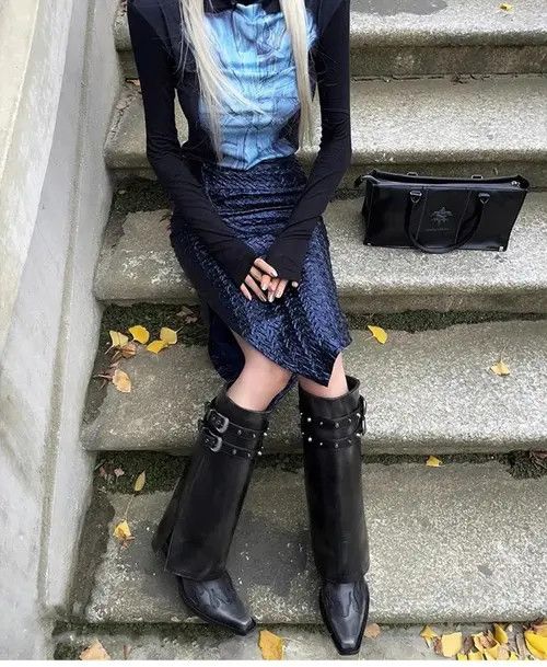 Japanese Brand Women’s Biker Cowboy Boots Gothic High Heel Motorcycle style Size US 6.5 / IT 36.5 - 3 Thumbnail