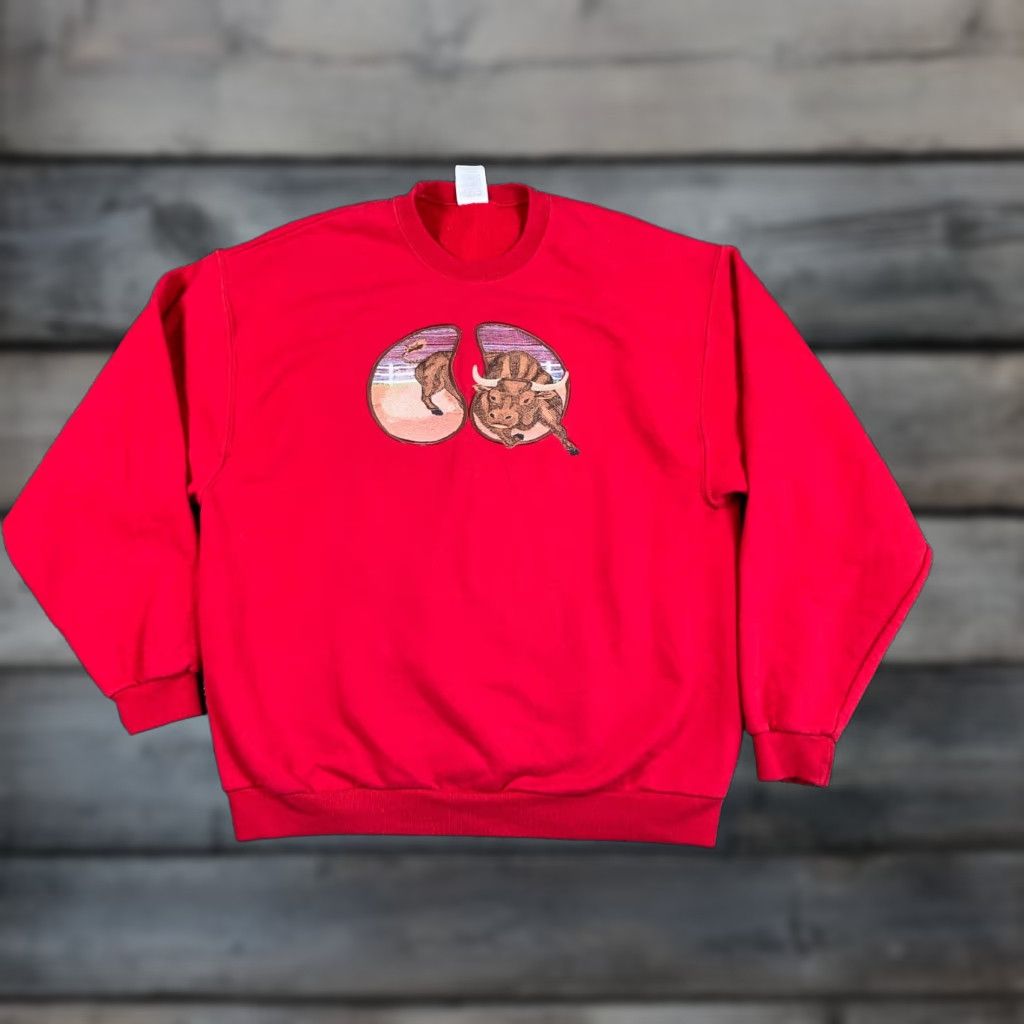 Jerzees VTG Jerzees Sweatshirt Crew Neck Red 50/50 Embroidered Bullfighting Graphic Print Adult Large Mens Retro 90s Size US L / EU 52-54 / 3 - 1 Thumbnail