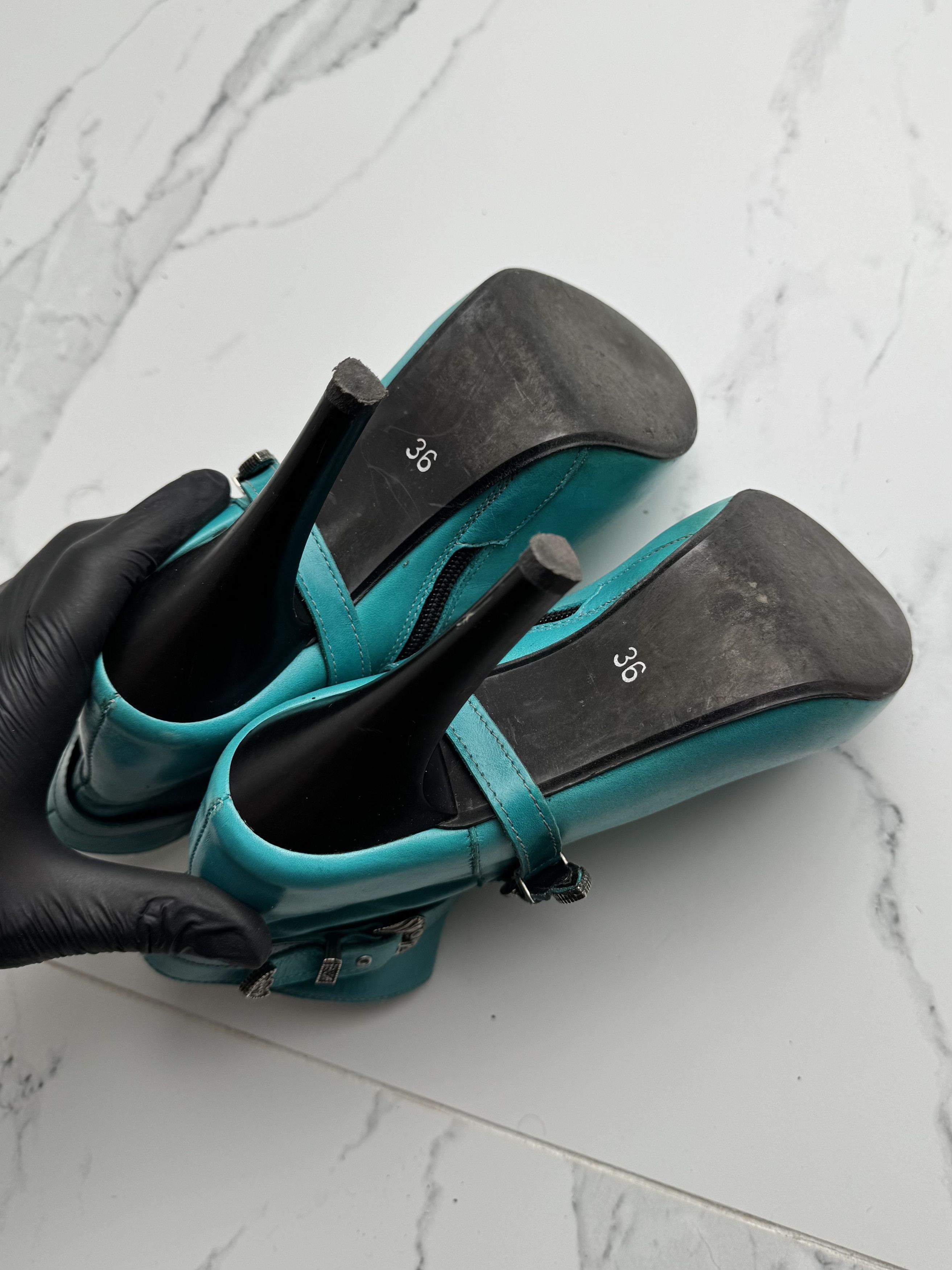 Vintage Y2K Turquoise High Heel Ankle Boots Leather Buckle Booties Size US 6 / IT 36 - 8 Thumbnail