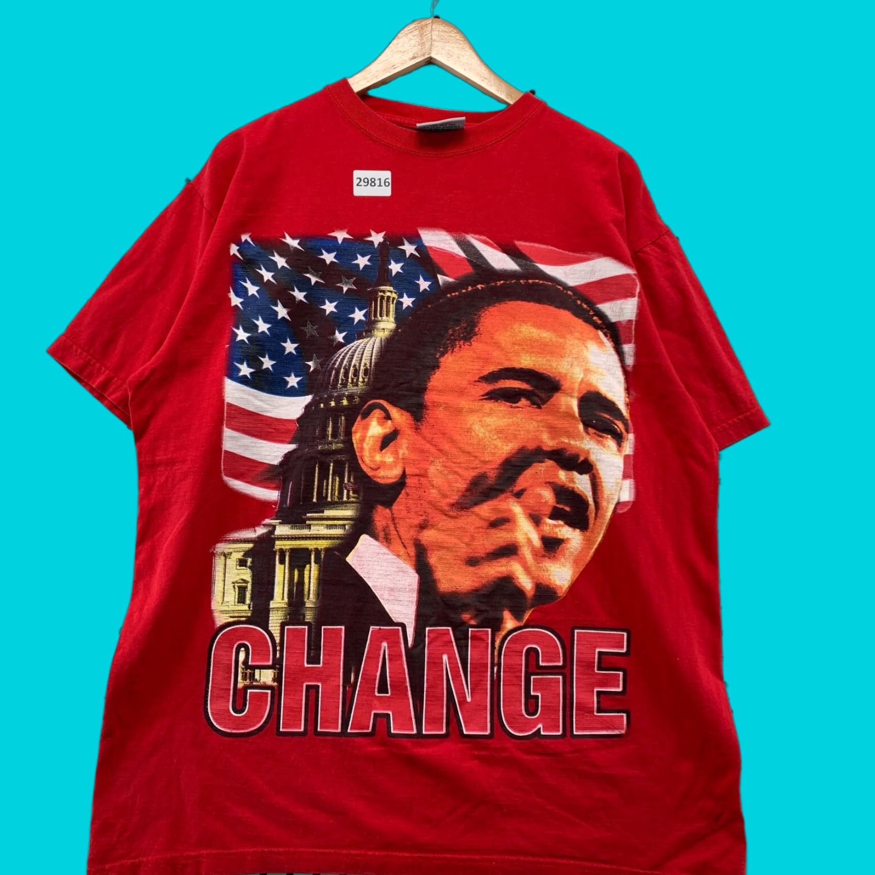 Vintage VINTAGE President Barack Obama CHANGE Shirt Red Mens XL USA Flag Presidential Size US XL / EU 56 / 4 - 1 Thumbnail