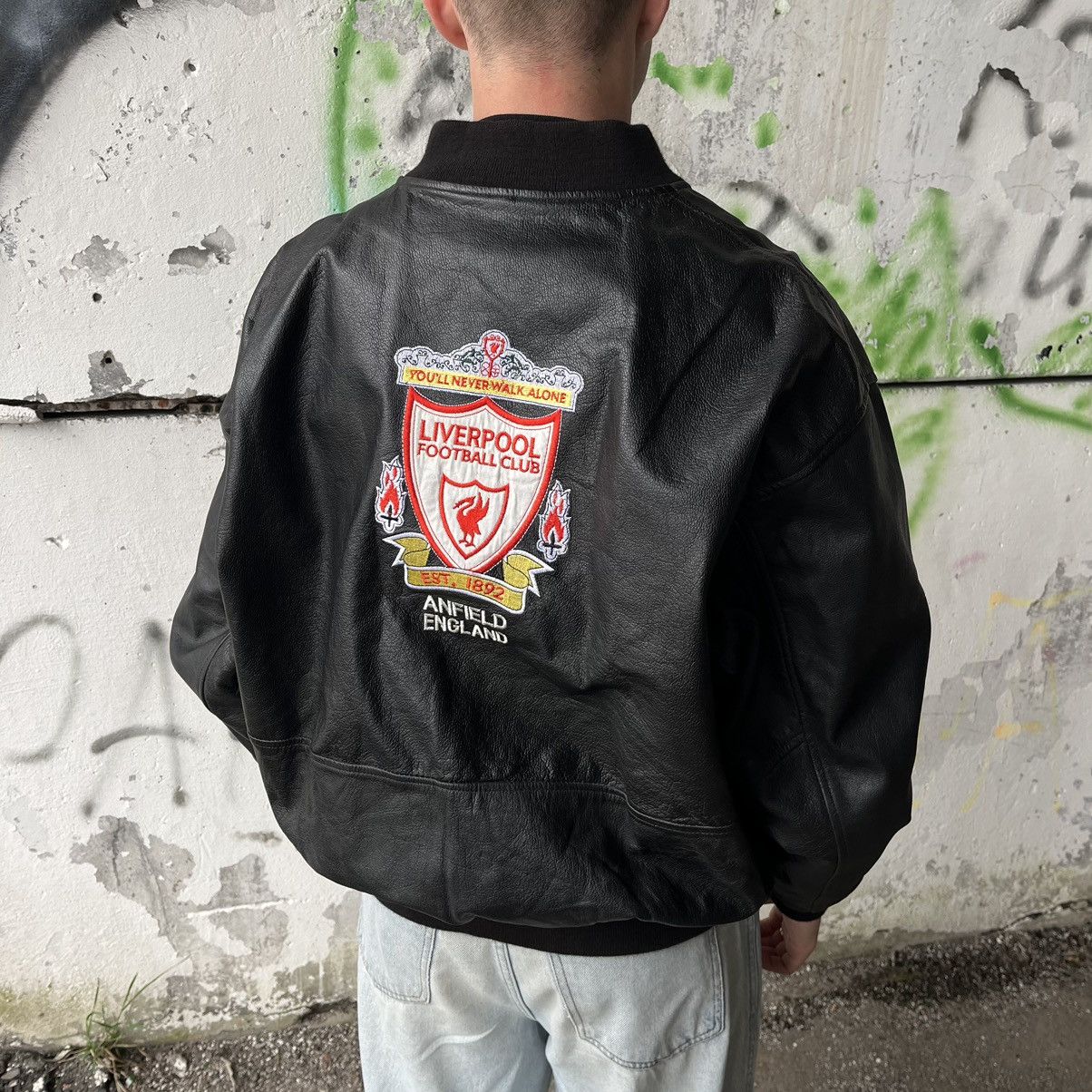 image of Grail x Liverpool Vintage Liverpool Leather Jacket Football 1995 90's in Black, Men's (Size XL)