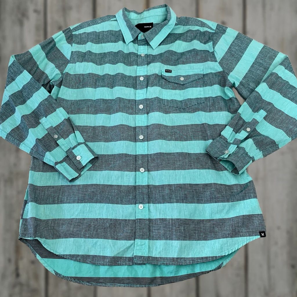 Hurley Hurley Shirt Mens XL Green Striped Woven Long Sleeve Button-Front Collared Shirt Size US XL / EU 56 / 4 - 1 Thumbnail