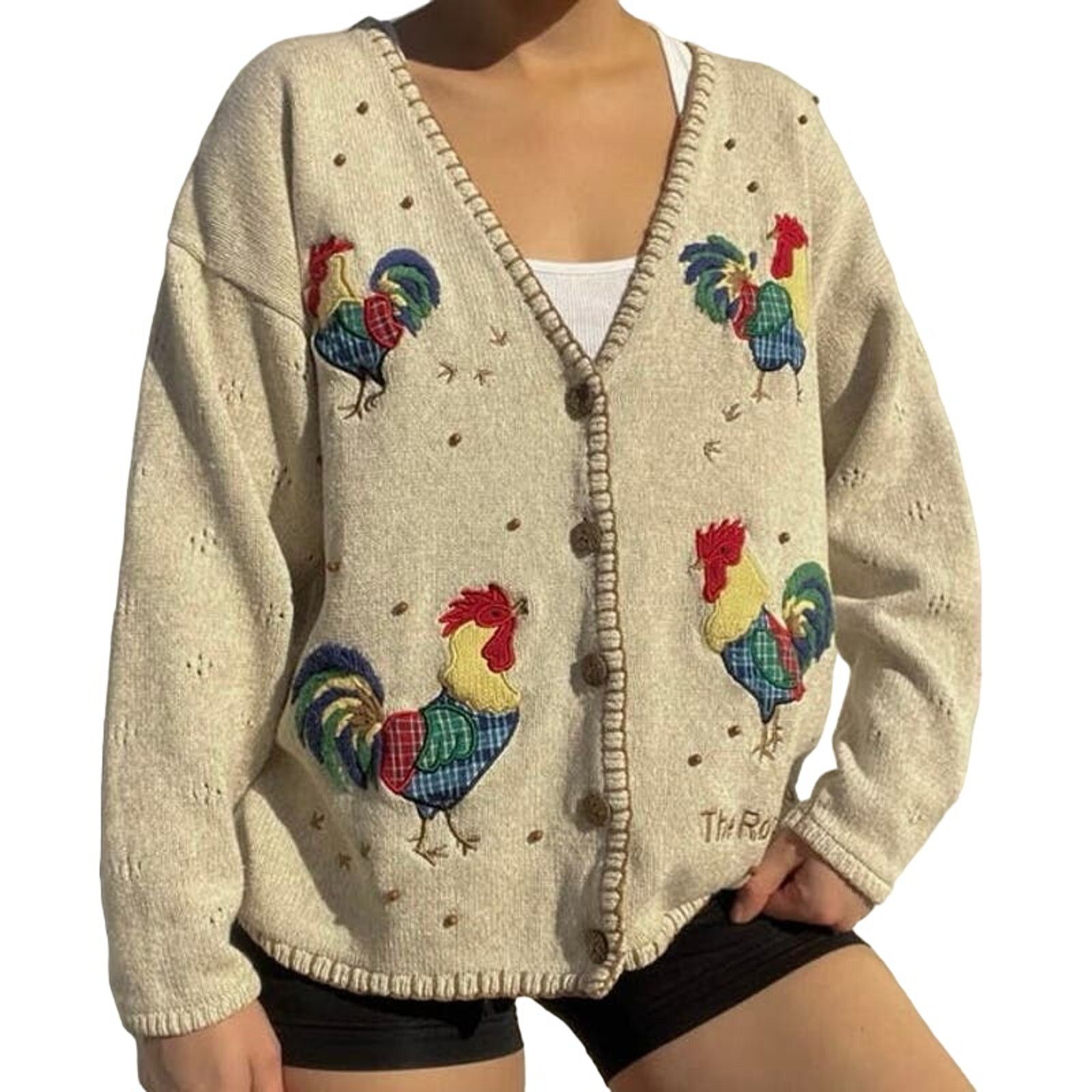 image of Vintage Mandal Bay Rooster Cardigan Sweater Knit Linen in Beige, Women's (Size Small)