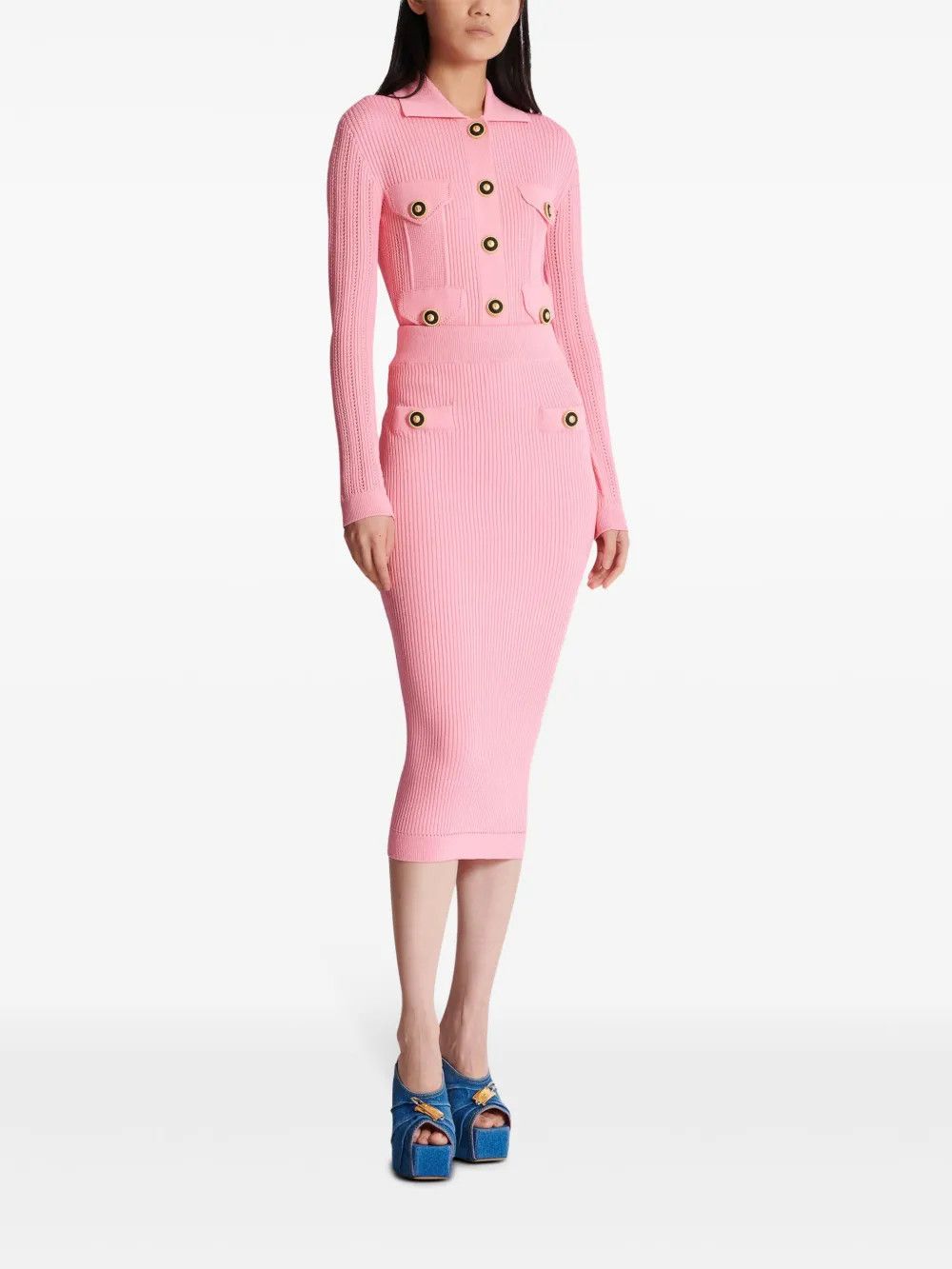 Balmain o1s1wg111225 Woven Midi Skirt in Pink Size 26" / US 2 / IT 38 - 3 Thumbnail