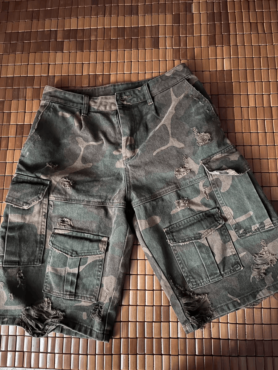 Designer camo washed faded military baggy grunge ripped shorts Size US 32 / EU 48 - 11 Thumbnail