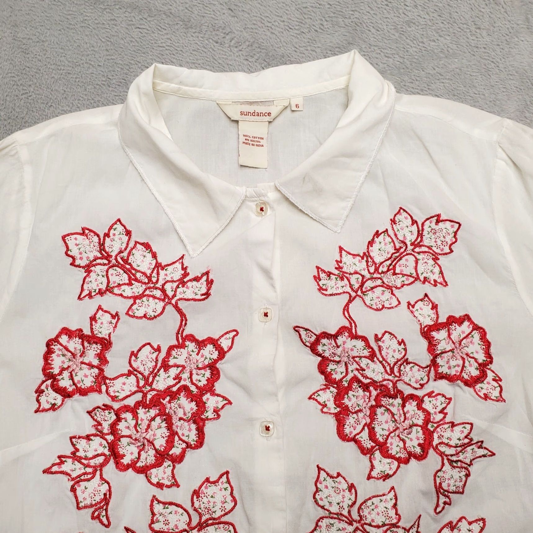 Vintage Sundance Shirt Womens 6 White Red Floral Embroidered Lightweight Blouse Size M / US 6-8 / IT 42-44 - 3 Thumbnail