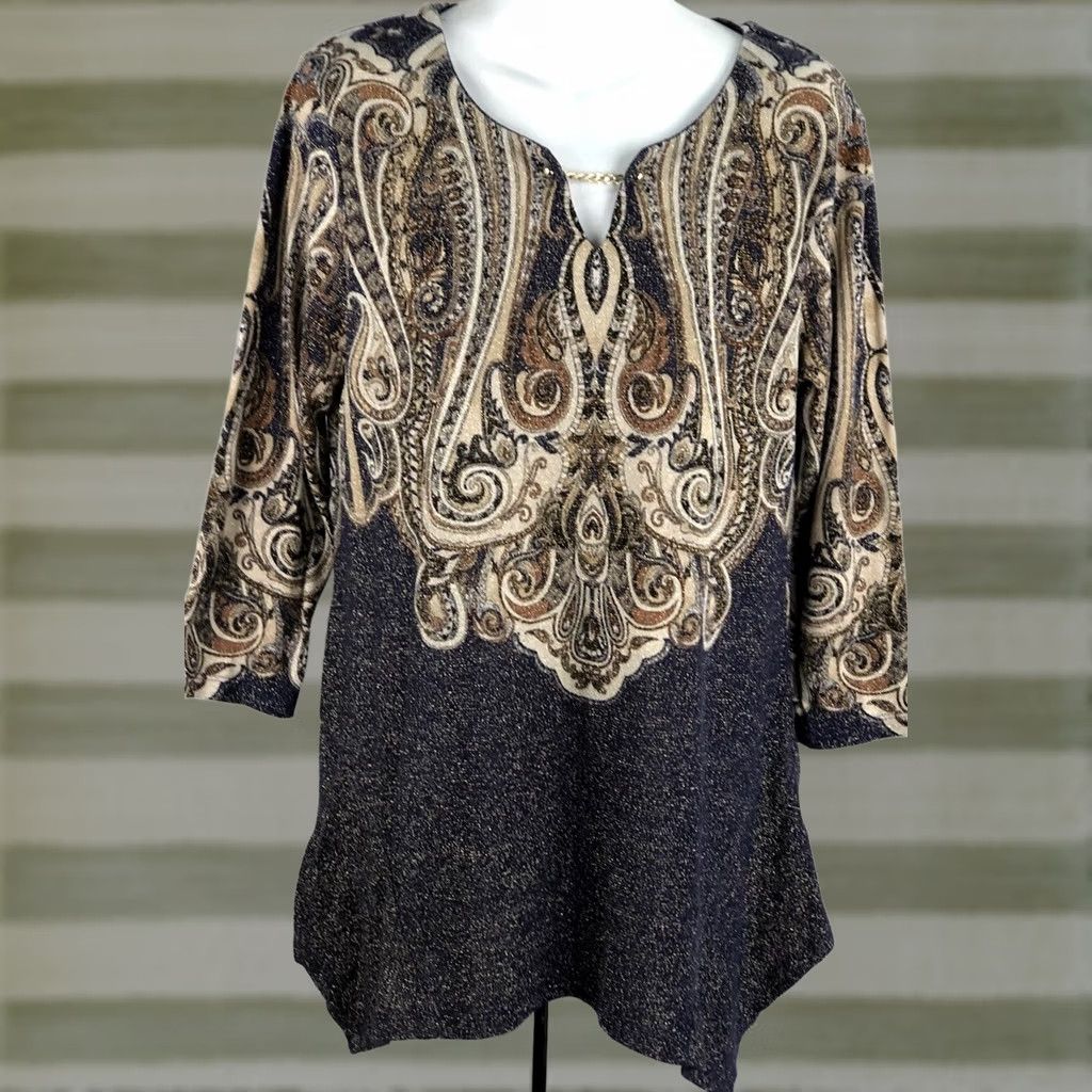 JM Collection JM Collection Tunic Top M Blue/Gold Glitter Geo Chain Accent Keyhole Boho Women Size M / US 6-8 / IT 42-44 - 1 Thumbnail