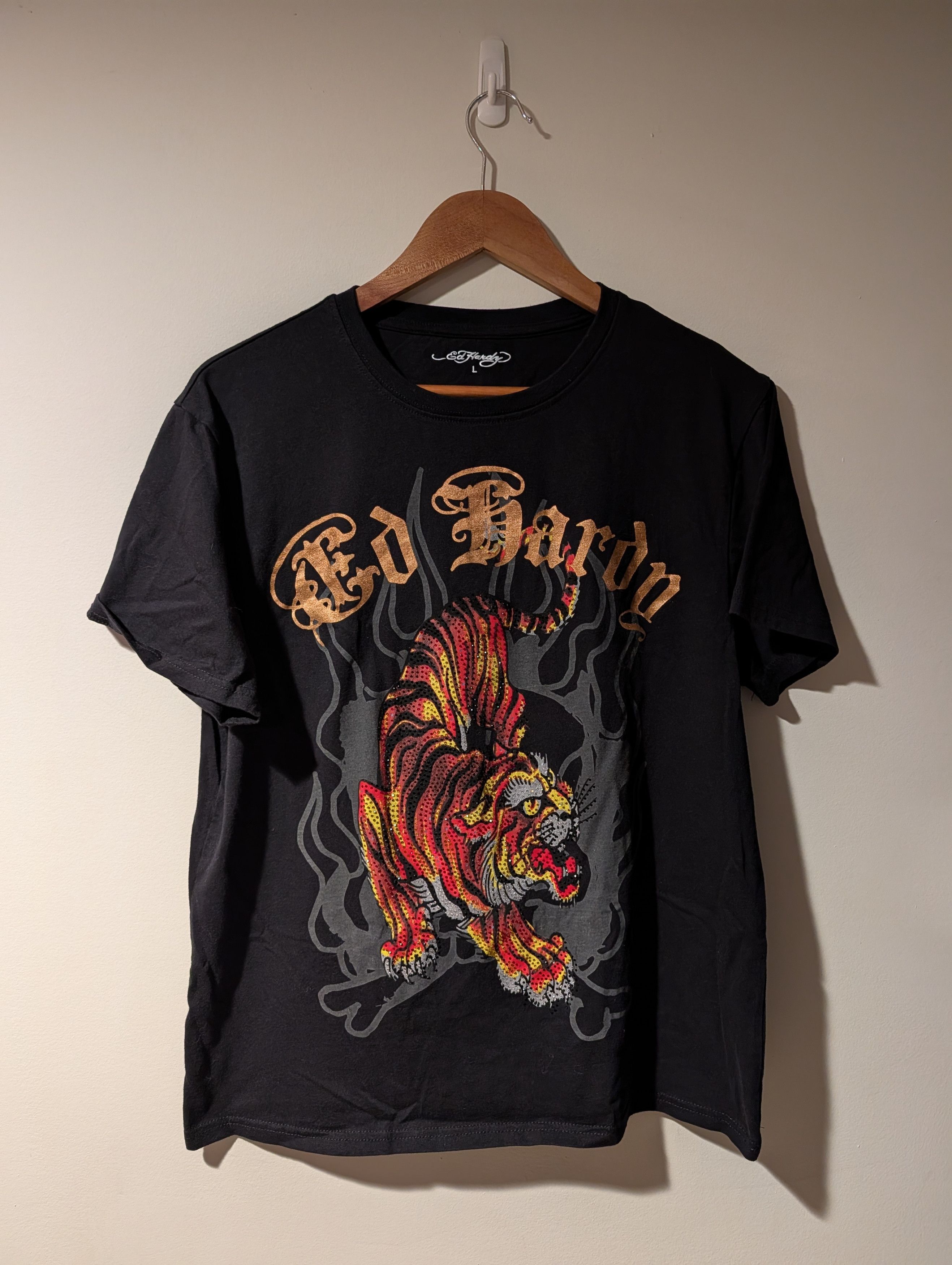 Vintage Y2K Ed Hardy Rhinestones Tiger Flames Large T-Shirt