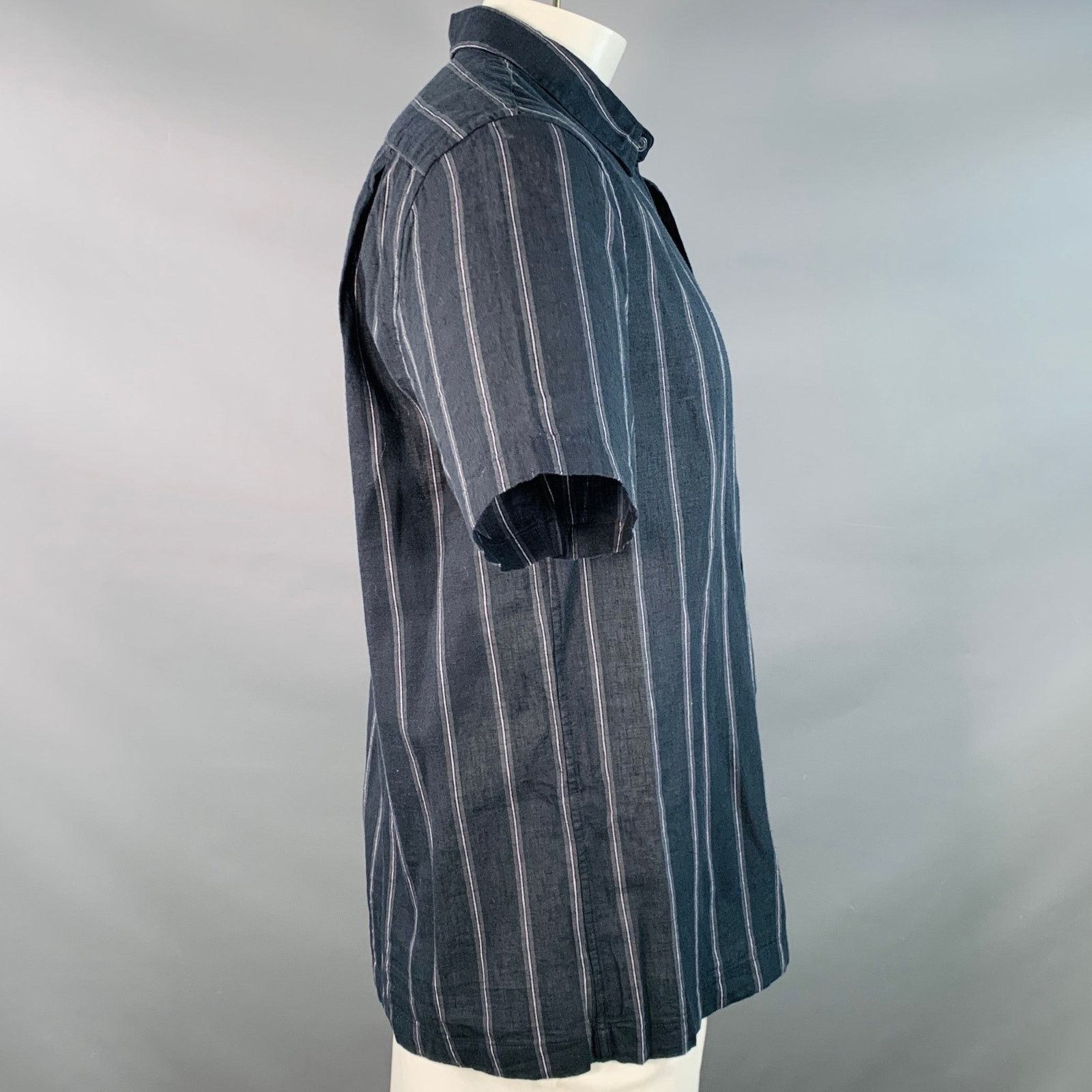 Vince Black Grey Stripe Linen Cotton Classic Fit One Pocket Shirt Size US L / EU 52-54 / 3 - 3 Thumbnail