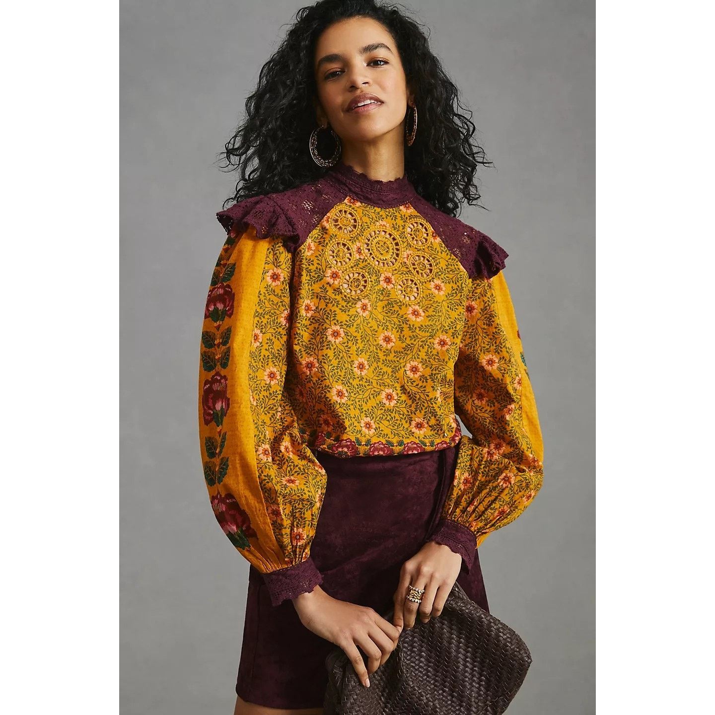 Anthropologie New Farm x Anthropologie Ruffled Blouse SMALL Yellow Motif Size S / US 4 / IT 40 - 2 Thumbnail