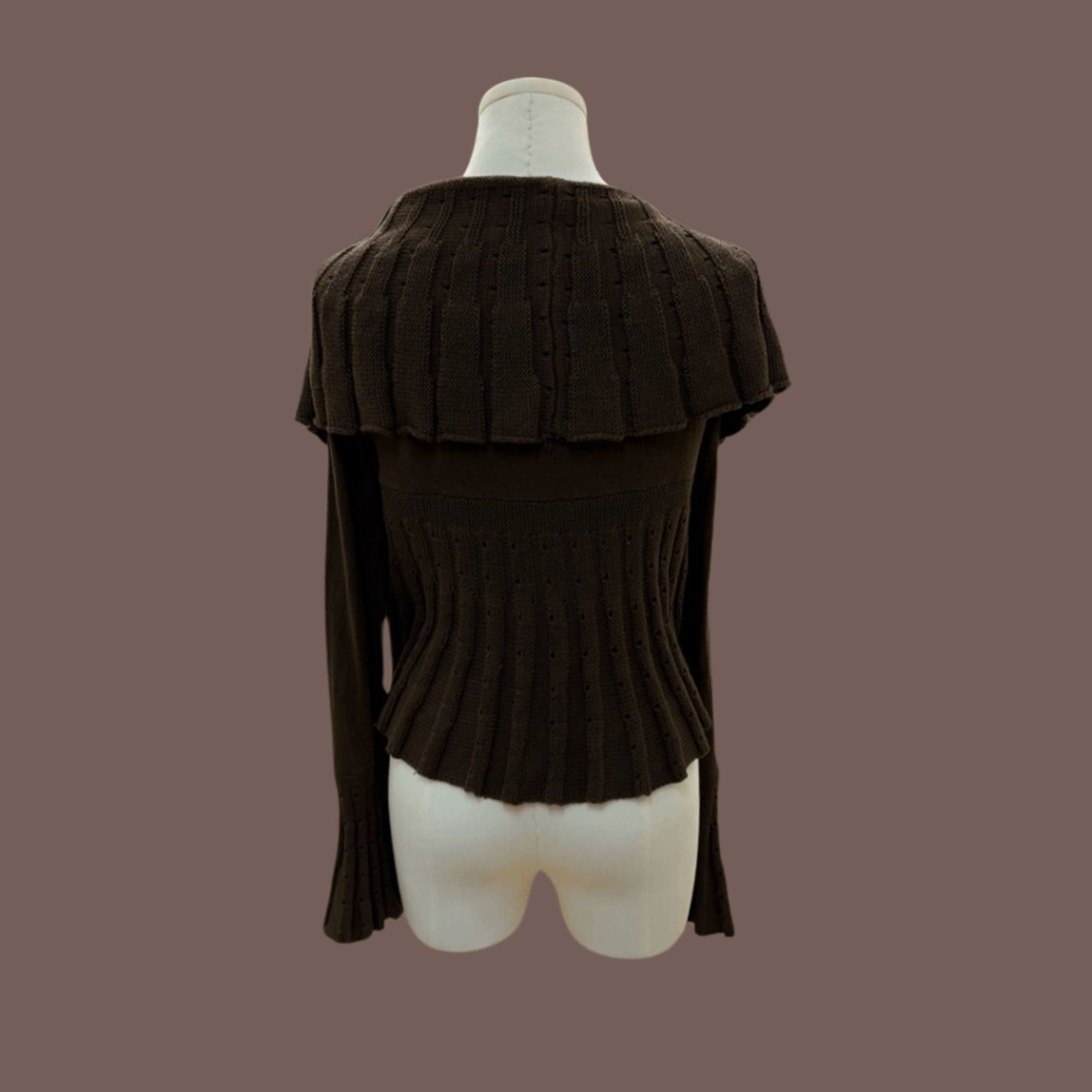 Vintage VTG Knit Cardigan | Brown Ruffle Shawl | 2000s Indie Size L / US 10 / IT 46 - 3 Thumbnail