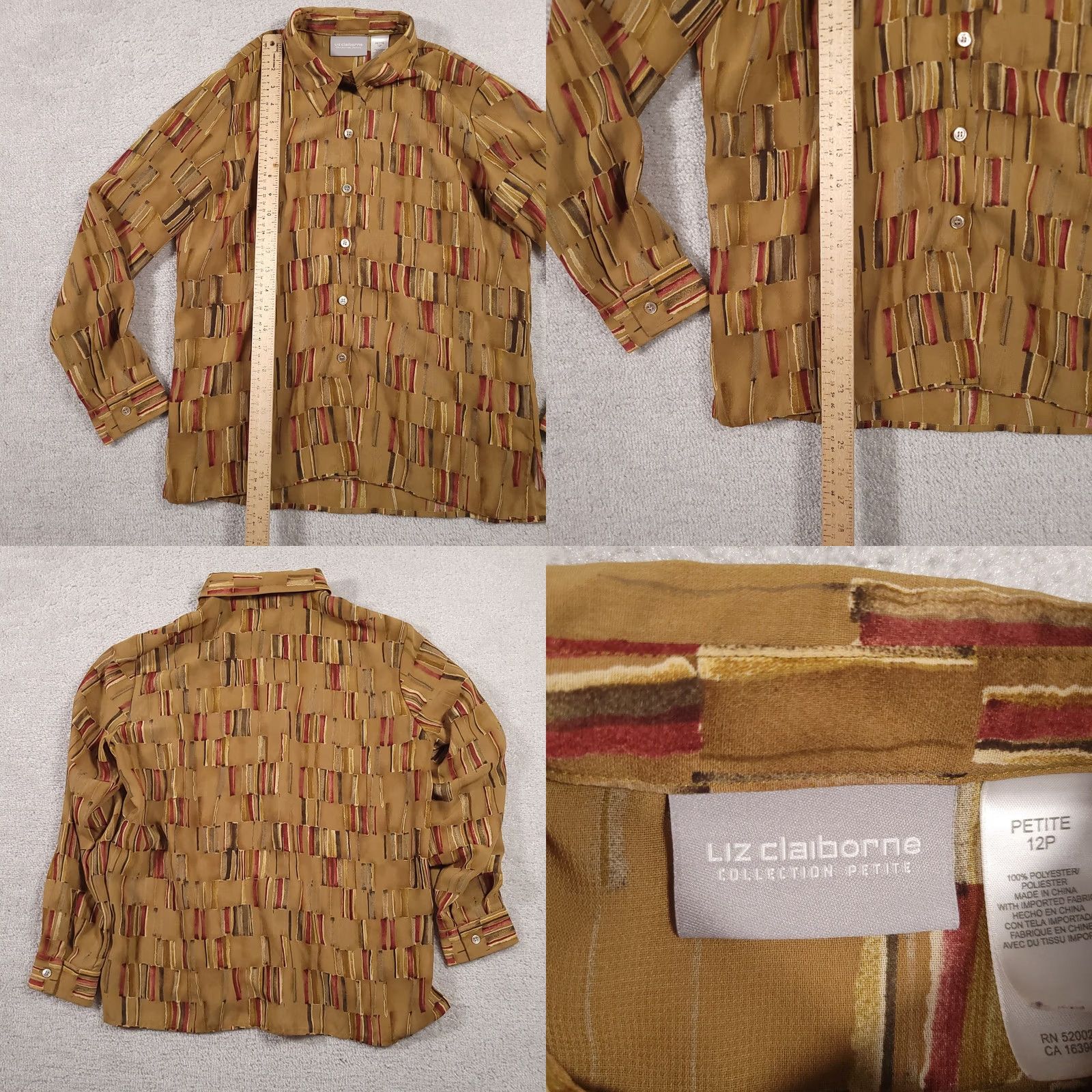 Liz Claiborne VINTAGE Liz Claiborne Button Up Shirt Women's 12P Petite Brown Geometric All Over Print Size XL / US 12-14 / IT 48-50 - 8 Thumbnail