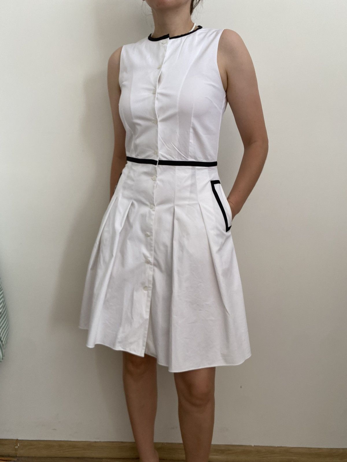Jil Sander JIL SANDER Navy White Sleeveless A-Line Dress Size XXS / US 00 / IT 34 - 3 Thumbnail