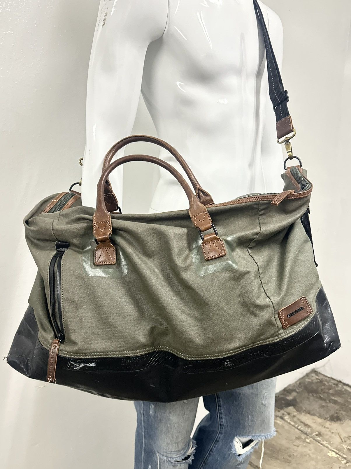Diesel VTG Diesel Army Green Khaki Leather Trim Travel Duffle Bag Size ONE SIZE - 1 Thumbnail