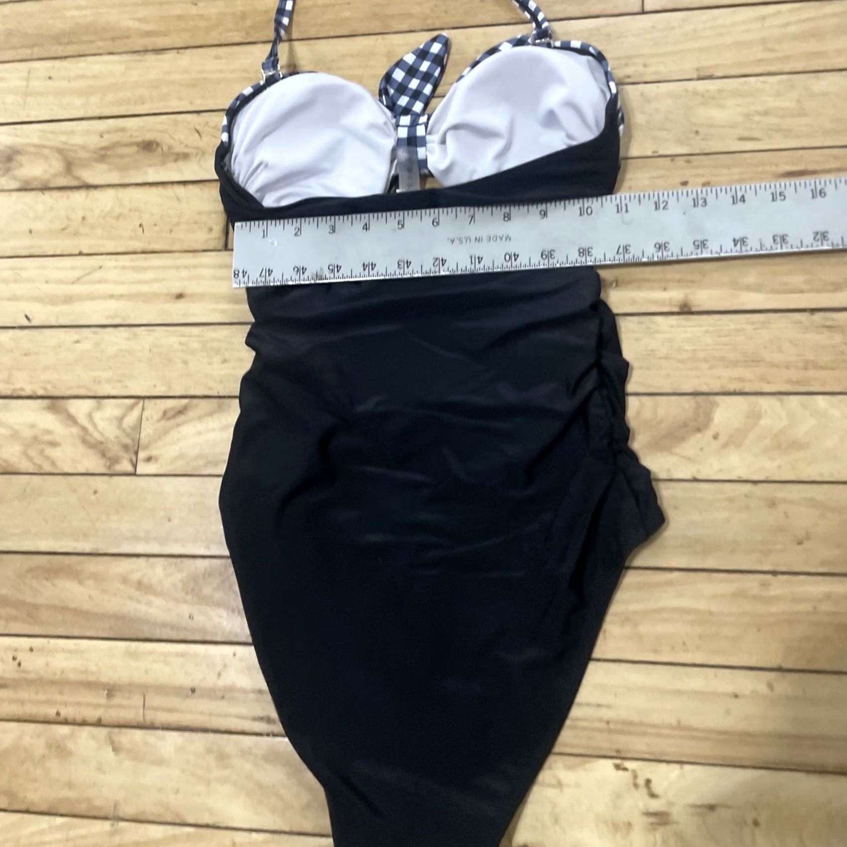 Vintage Tempt Me One Piece Swimsuit XS Blue Gingham Cutout Tie Front Detach Strap Black Back Padding Ruched Beach Classic Women Size ONE SIZE - 7 Thumbnail