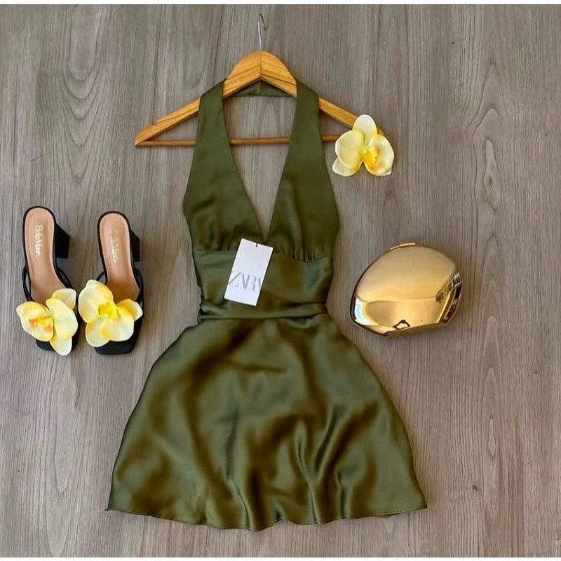 Zara Zara Satin Halter Mini Dress Olive Green Open Back NWT Size L / US 10 / IT 46 - 21 Thumbnail
