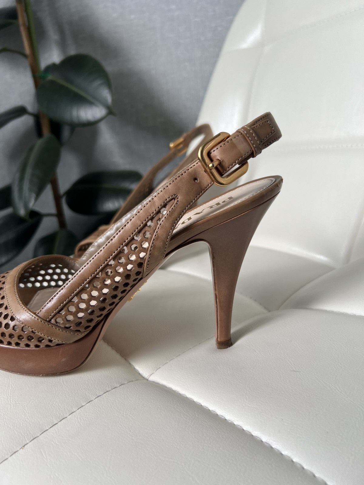 Prada Prada Brown Leather Cutout Peep Toe Slingback Platform Heels Size US 7.5 / IT 37.5 - 4 Thumbnail