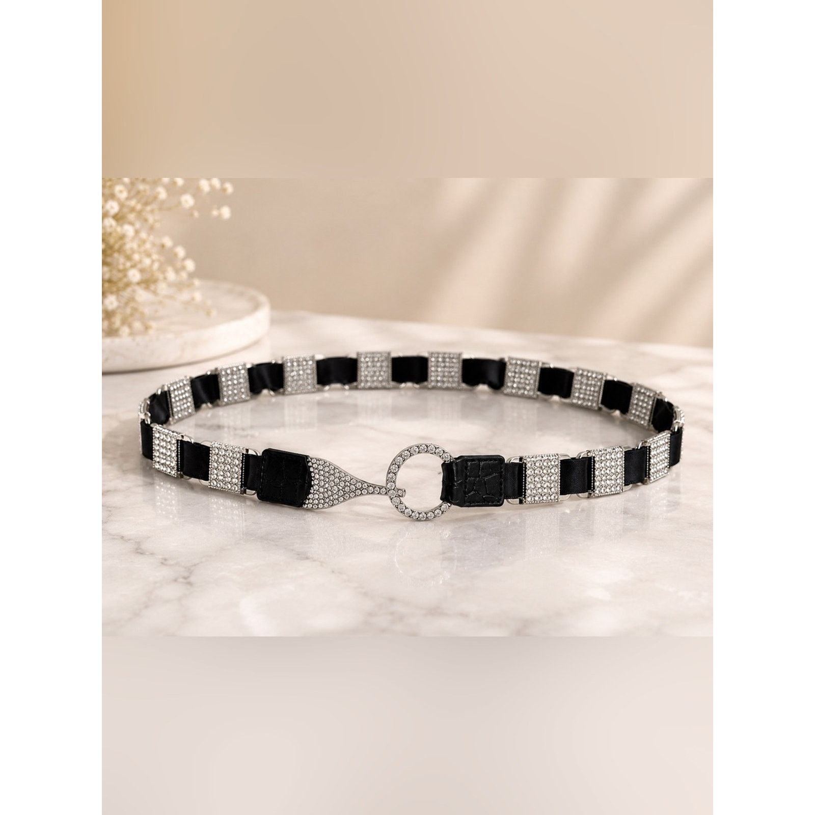 Rhinestone Accent Black Leather Stretchy Elastic Waist Belt