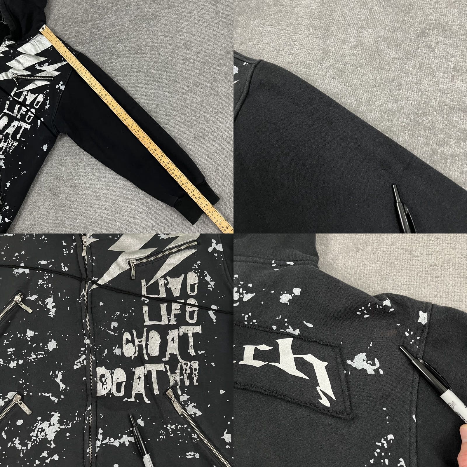 Vintage Clench Jeans Jacket Mens 2XL Black Paint Splatter Grunge Hooded Sweatshirt Size US XXL / EU 58 / 5 - 8 Thumbnail