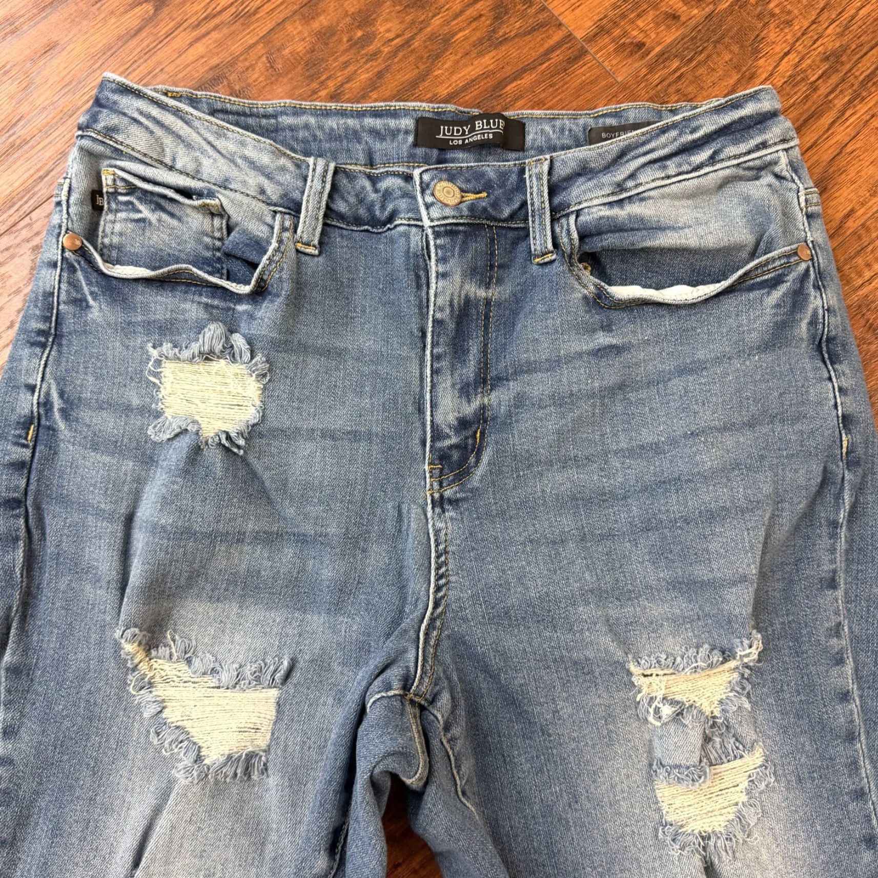 Denime Judy Jeans Womens 14W Boyfriend Relaxed Medium Wash Denim JB88404 29x29 Jeans Slim Distressed Stretch Blue Size 36" / US 14 / IT 50 - 2 Thumbnail