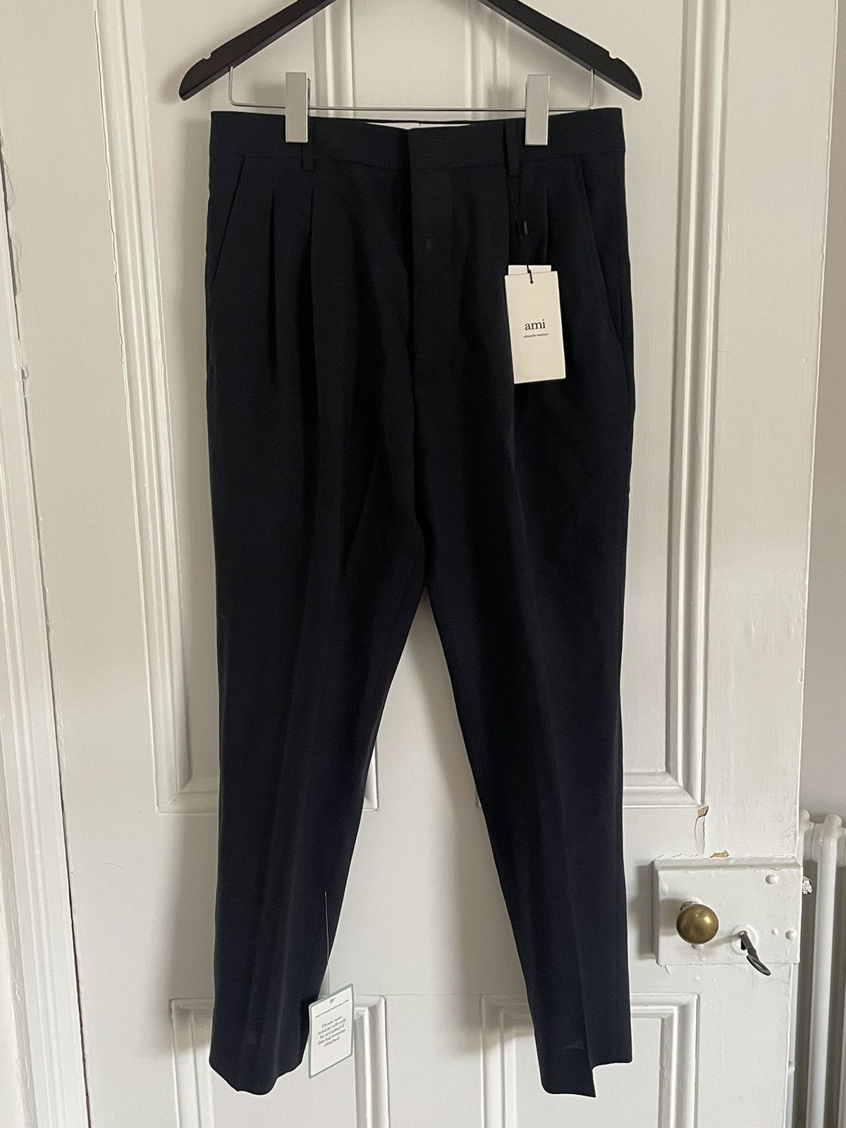 image of Ami Cropped Pleated Wool Trousers in Blue, Men's (Size 38)