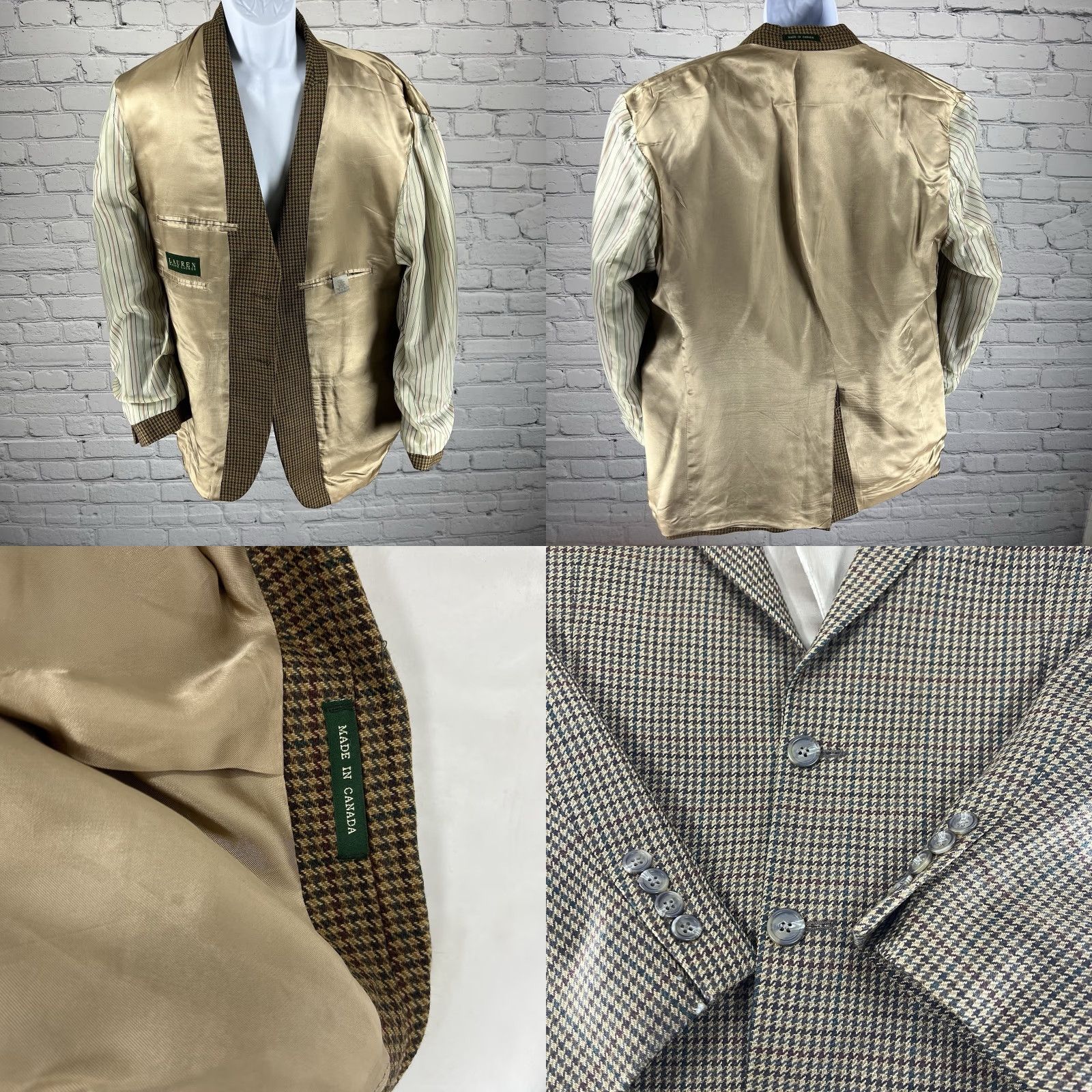 Ralph Lauren VTG Lauren Ralph Lauren Brown Houndstooth Lambswool Blend Blazer Sport Coat 44 Men Single-Breasted Notch Lapel 2 Piece 4-Button Dry Clean Only Wool Size 44R - 8 Thumbnail