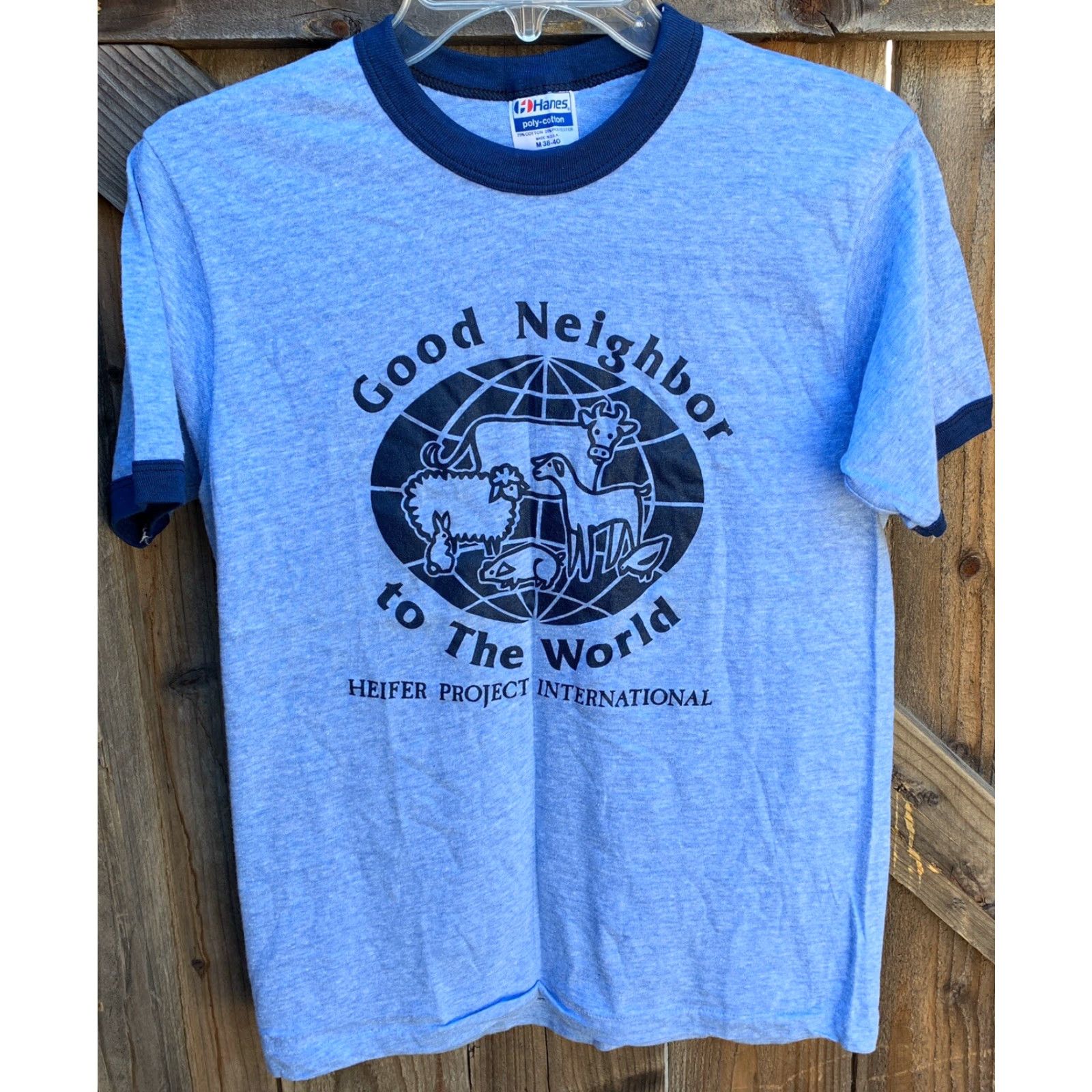 Hanes VINTAGE Heifer Project International Ringer T Shirt M Men Blue 1980s Hanes Poly/Cotton Graphic Tee Size US M / EU 48-50 / 2 - 6 Thumbnail
