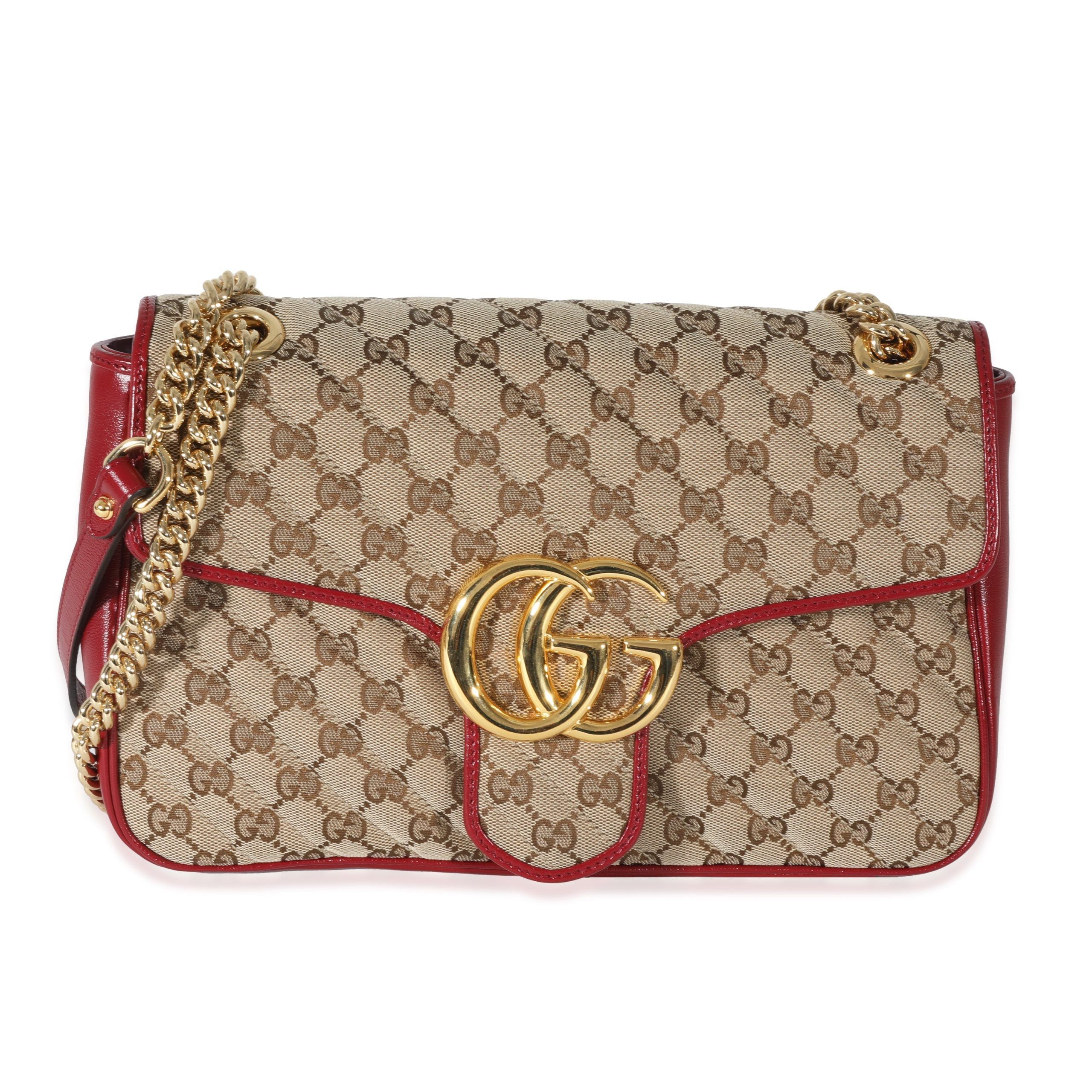 image of Gucci Beige Diagonal GG Canvas & Hibiscus Red Medium Marmont Bag, Women's