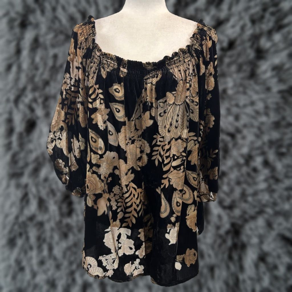 Vintage Ariella Velvet Burnout Shirt Womens L Black Goth etereal whimsy Fairy Boho Off the Shoulder Viscose Blend Made USA Size L / US 10 / IT 46 - 1 Thumbnail