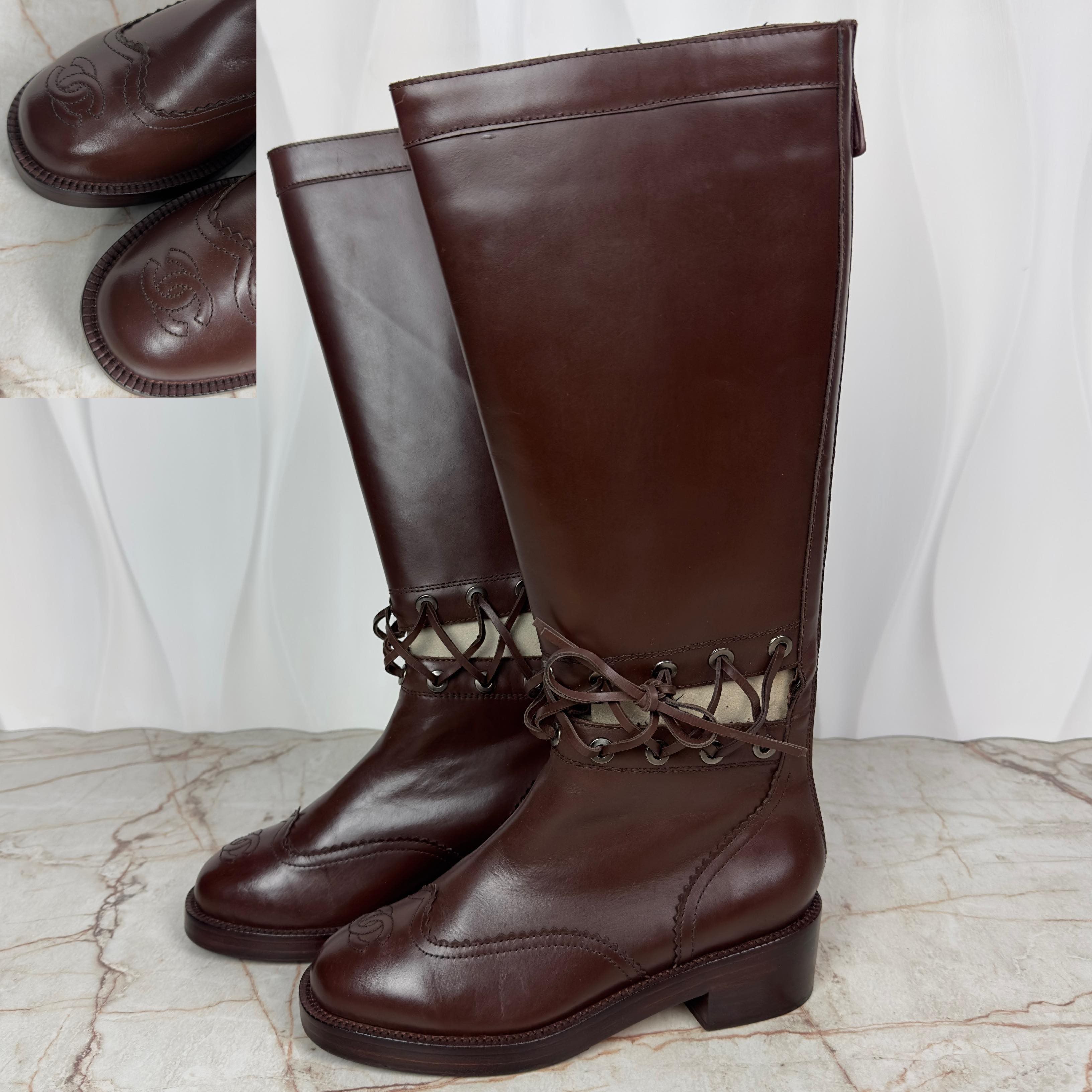 image of Chanel Cutout Lace Cc Logo Wing Tip Back Zip Runway Leather 37 Shoes in Brown, Women's