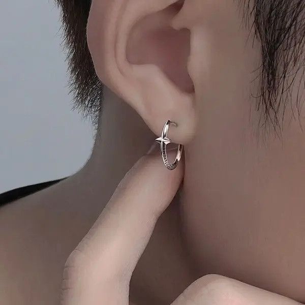 Jewelry × Vintage 925 Silver Plated Star Hoop Earrings for Men Women Size ONE SIZE - 3 Thumbnail