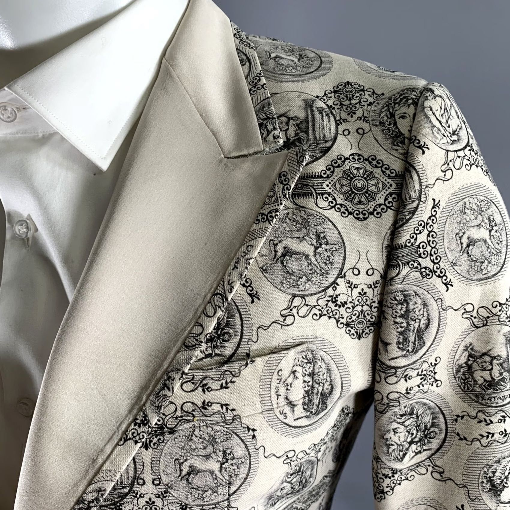 Dolce & Gabbana DOLCE & GABBANA Size 38 Cream Black Greca Cotton Blend Peak Lapel Sport Coat Blazer Coat Mens Size 38R - 3 Thumbnail