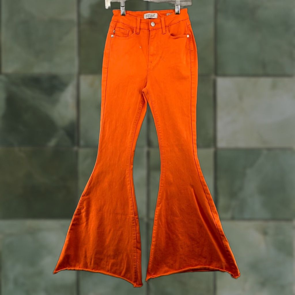Vintage Judy Blue Women's High Rise Orange Stretch Super Flare Bellbottom Jeans 25 Regular Fit Bohemian Retro Size 42" / US 20 - 1 Thumbnail