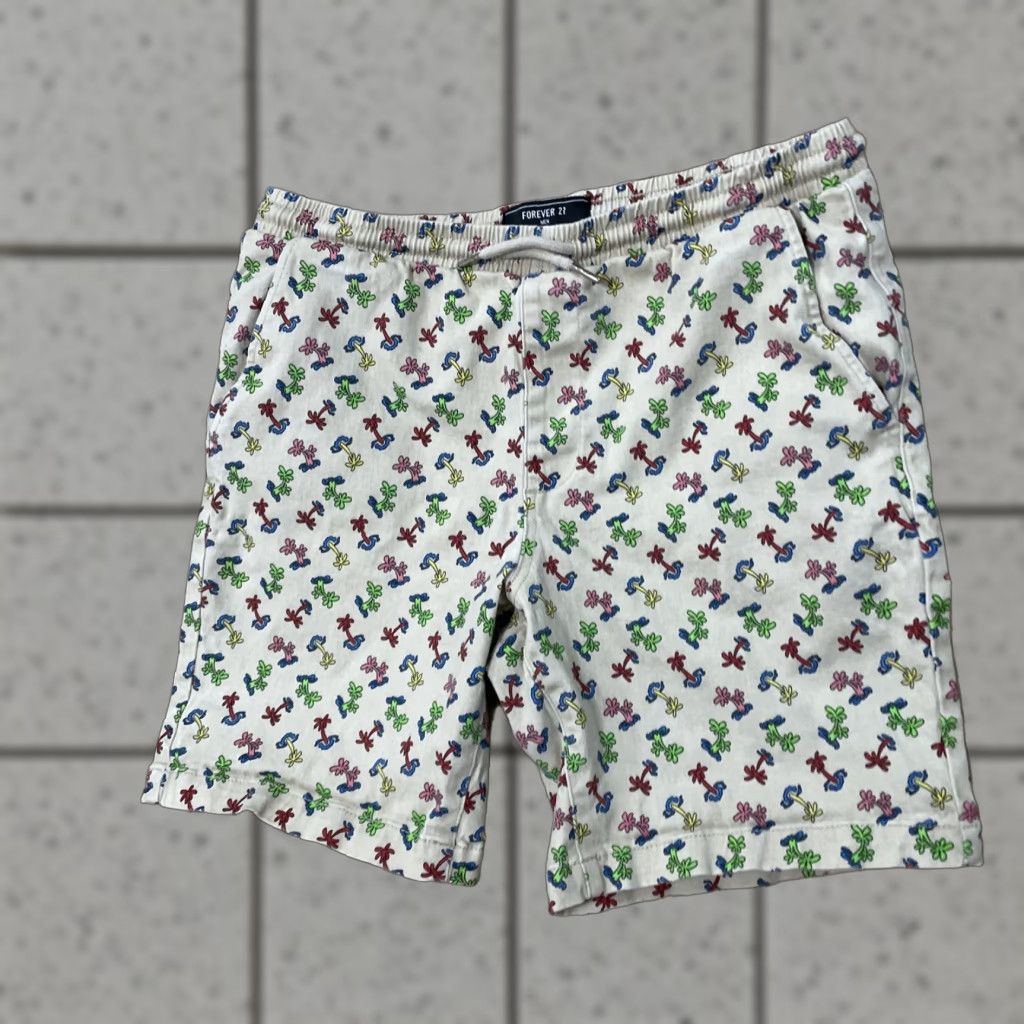 Forever 21 FOREVER 21 Shorts Men L 33 Palm Tree Graphic Abstract 90s Drawstring Stretch Multicolor Beige Size US 33 - 1 Thumbnail