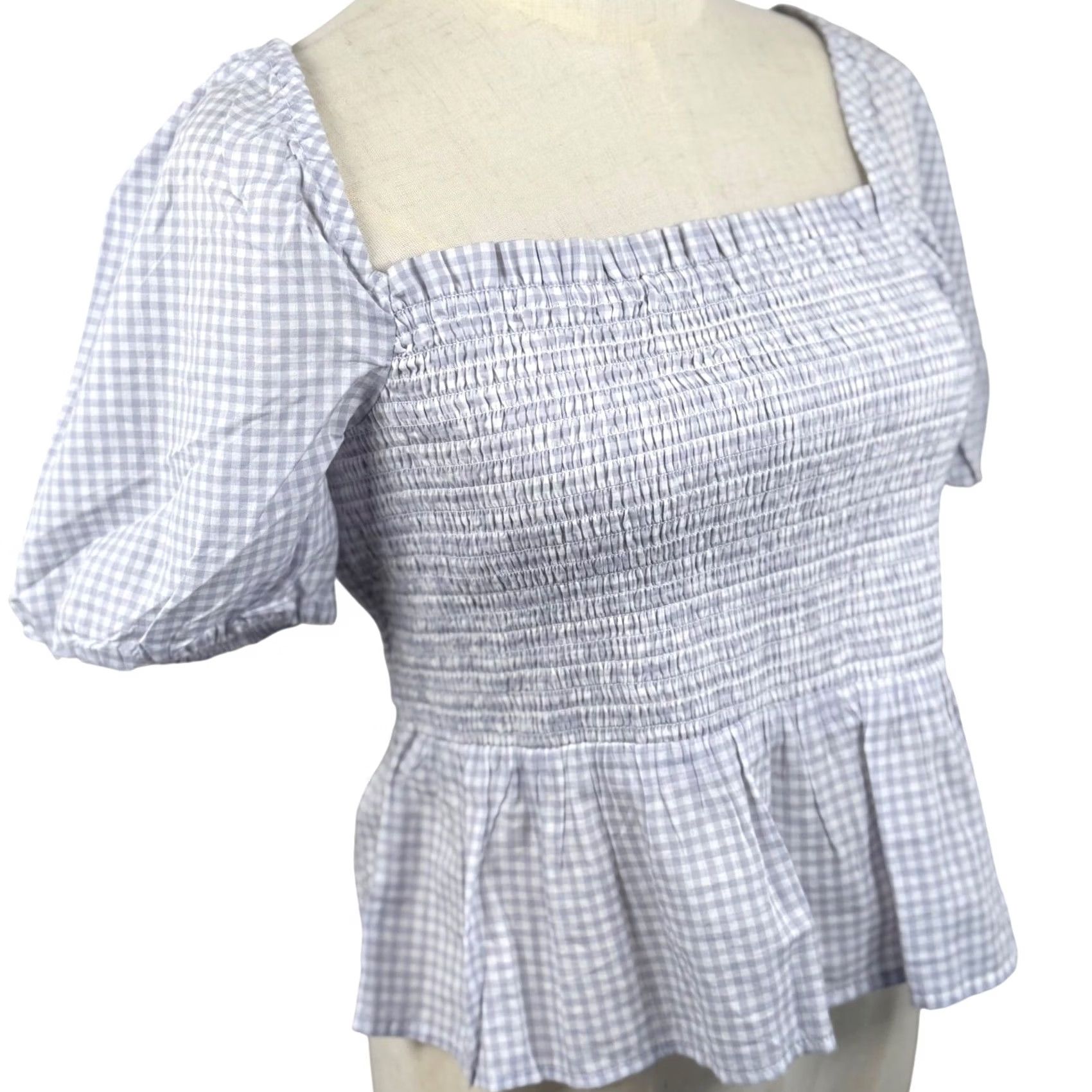 J.Crew JCrew Blouse Shirt Check Gingham Puff Short Sleeve Square Neck Peplum Smocked NWT Purple White Cottagecore Re-Imagined SP22 Women M Size M / US 6-8 / IT 42-44 - 3 Thumbnail