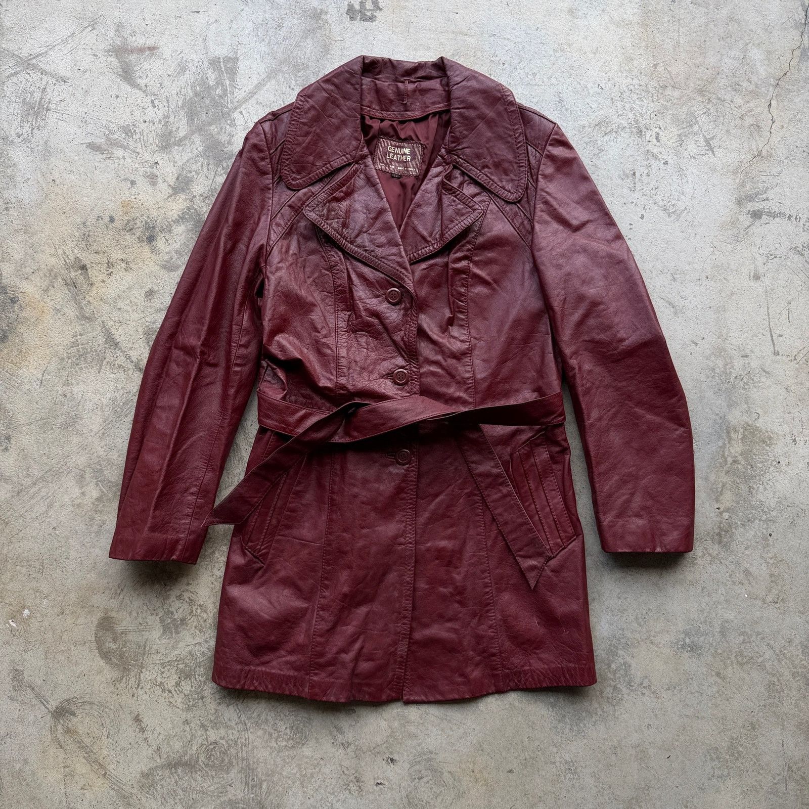 Other Vtg 80s Burgundy Genuine Leather Trench Coat Jacket Women Size XL / US 12-14 / IT 48-50 - 1 Thumbnail