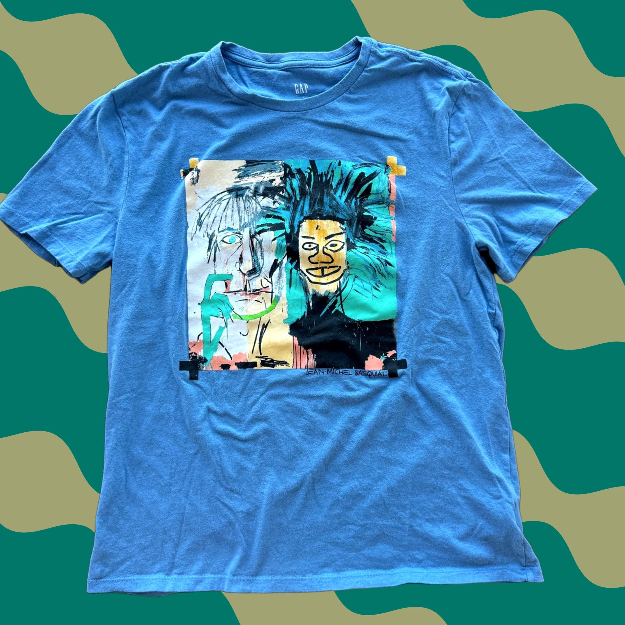 Gap VINTAGE Basquiat GAP Blue Graphic Tee Short Sleeve Large Men Size US 33 - 1 Thumbnail