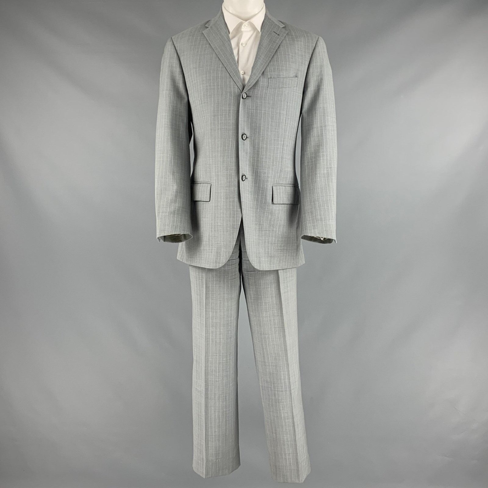 Corneliani 40 Grey Cream Pinstripe Virgin Wool Single Breasted Suit Size 40R - 1 Thumbnail