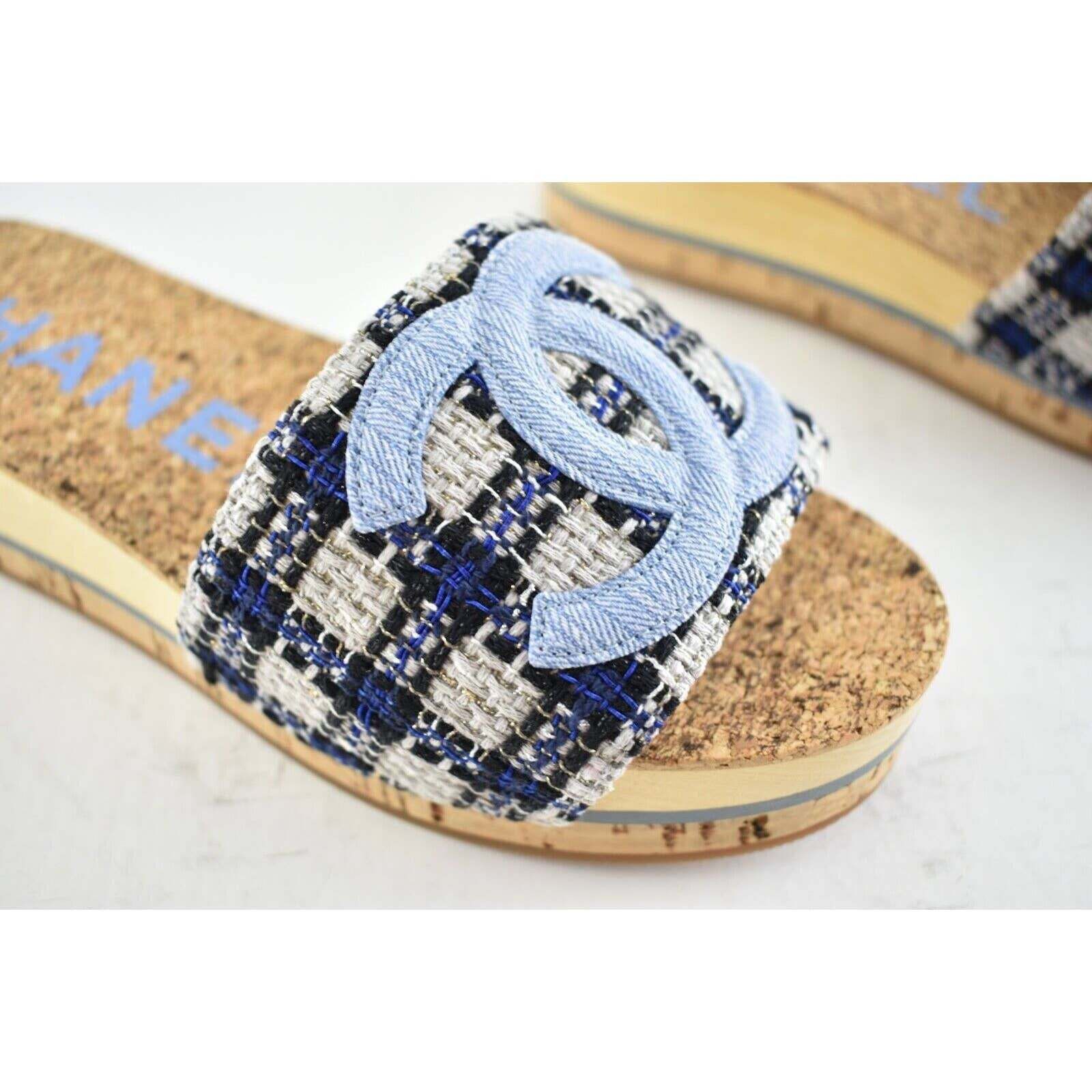 Chanel Chanel 20P Blue Tweed Denim CC Logo Cork Mule Slide Slip Size US 11 / IT 41 - 3 Thumbnail