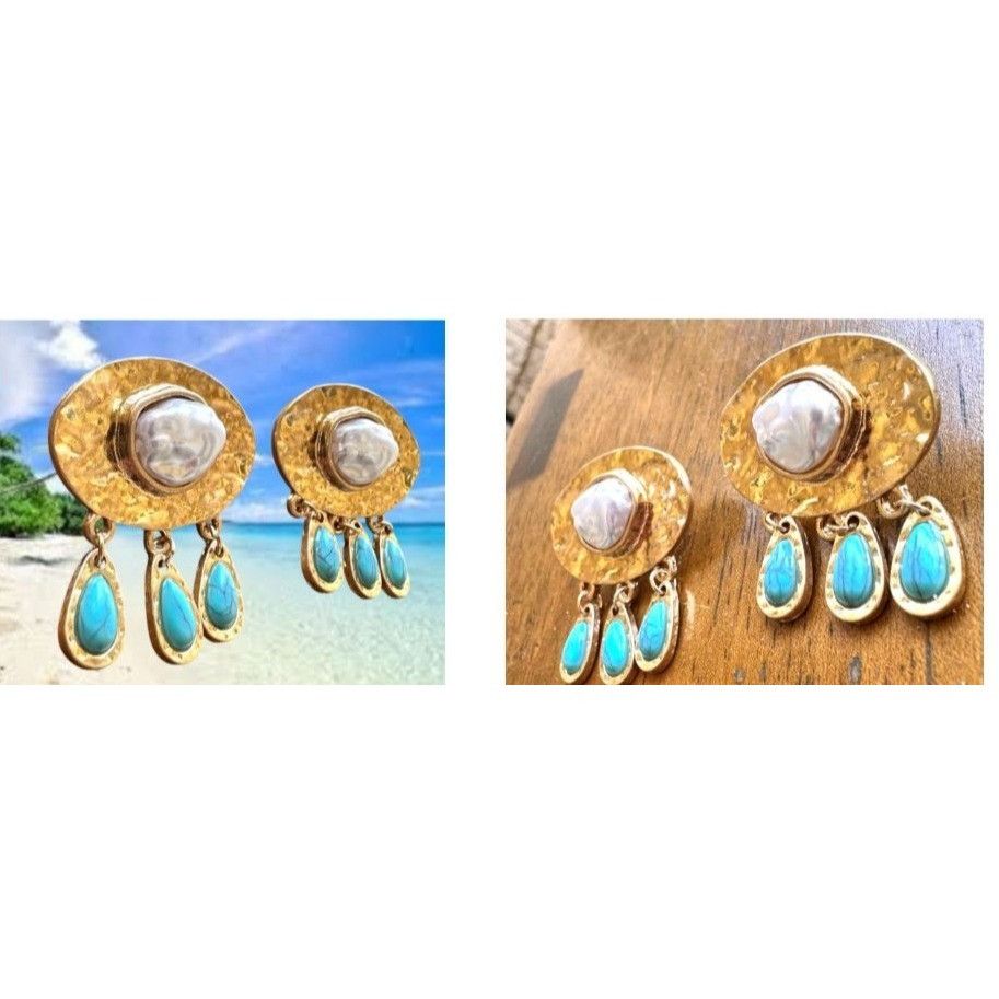 Handmade Hammered Metal Faux Pearl Turquoise Earrings Posts New Crui Size ONE SIZE - 6 Thumbnail