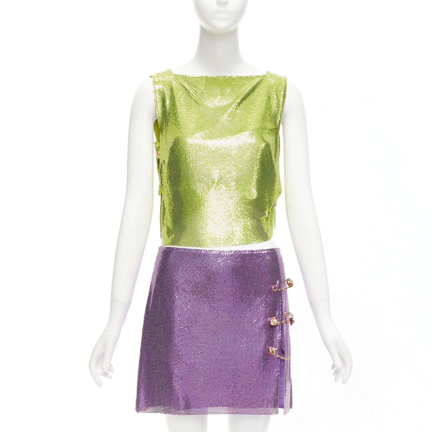 Image of Versace 2022 Runway Green Purple Metal Mesh Chainmail Medusa Safety Pin Top Skirt It38 Xs, Women's