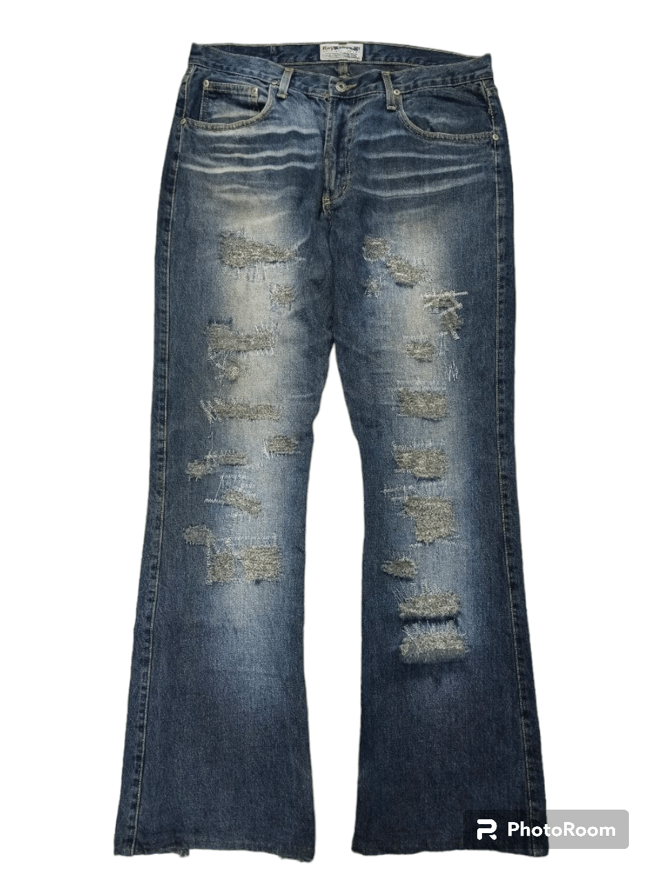 image of Distressed Denim x Hype Flare Sick Roy Kompa Denim Collection in Blue Distressed, Men's (Size 34)